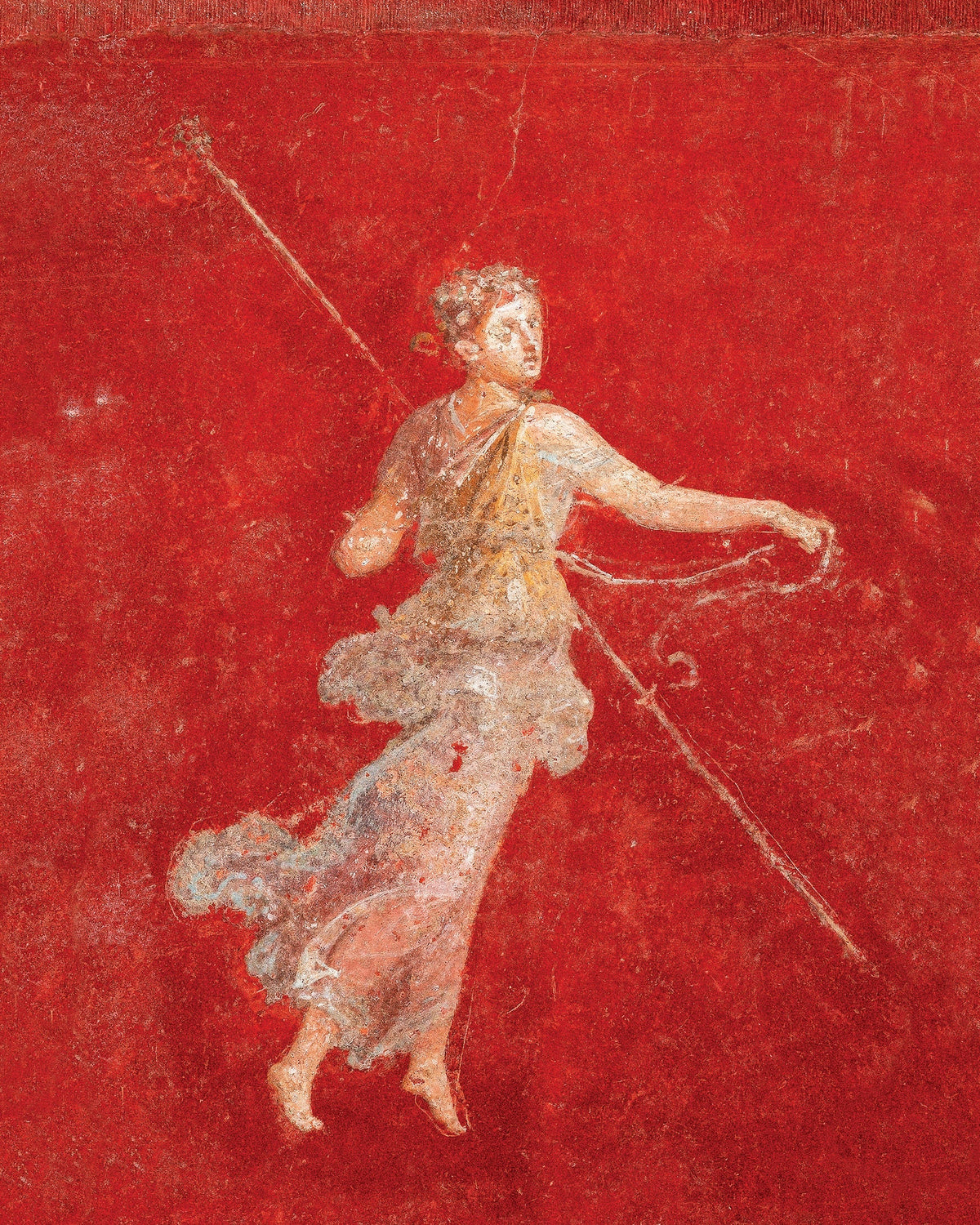Roman fresco of a flying maenad in a flowing pale robe holding a thyrsus, on a deep Pompeian red background