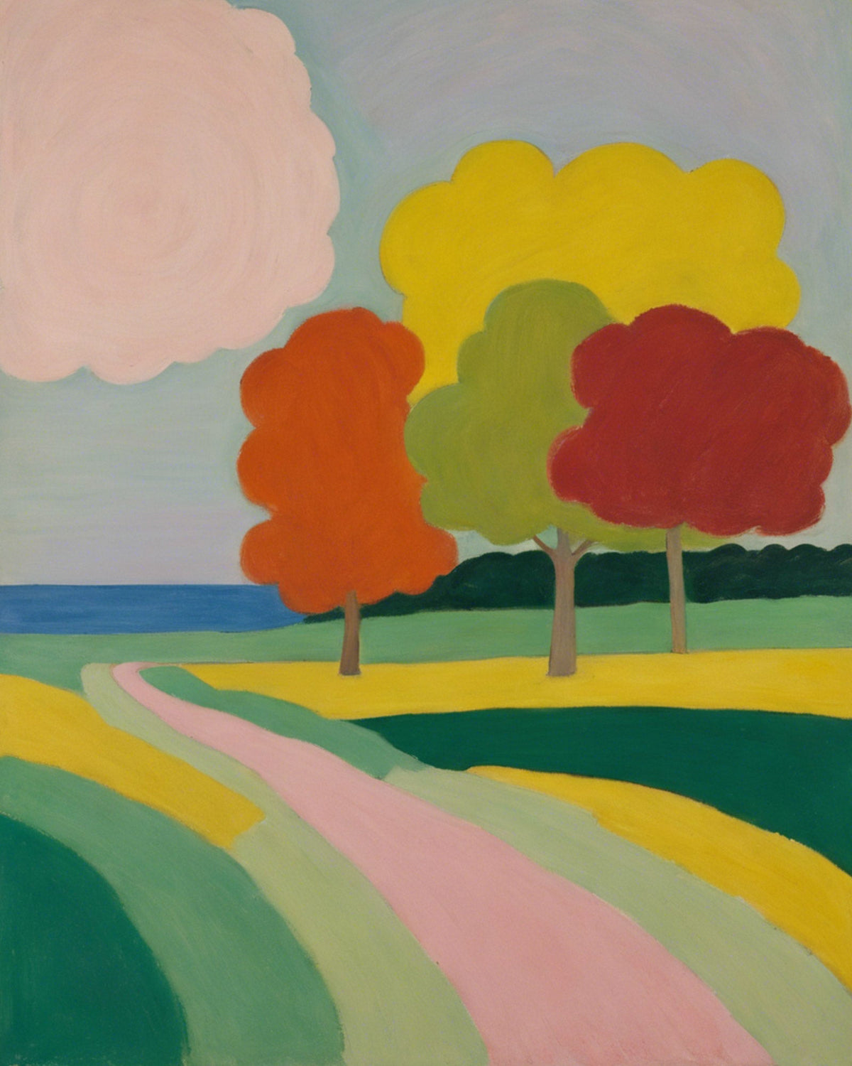 Naive painting of round red, yellow and green trees beside a pink path through striped fields near the sea
