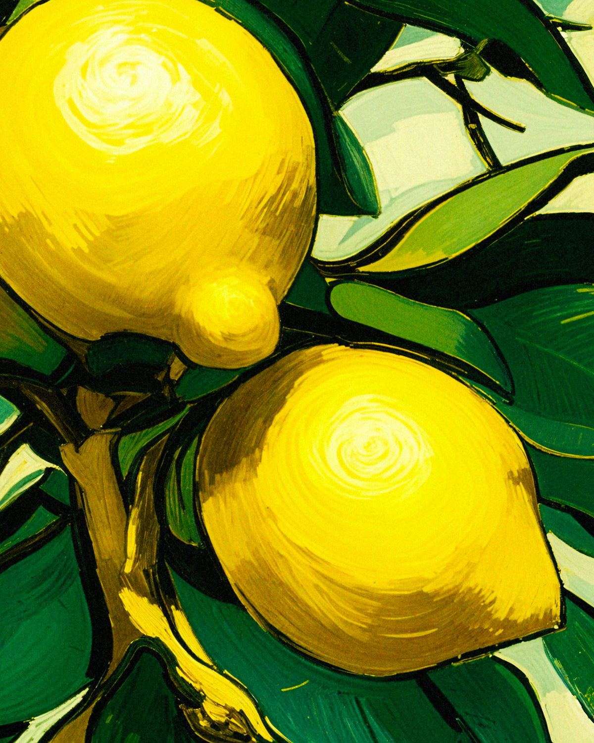 Stylized painting of two bright yellow lemons on a tree branch with green leaves, rendered in bold brushstrokes.