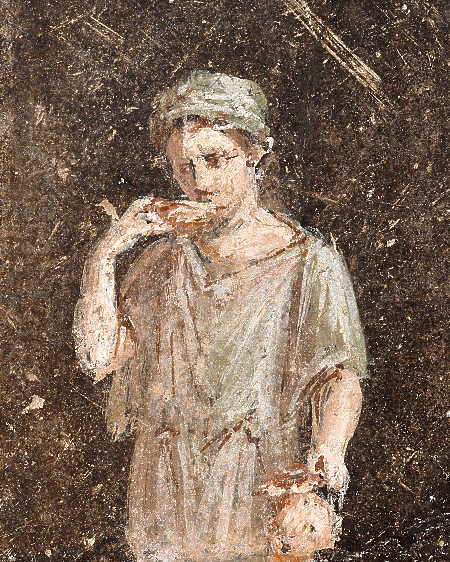 Römisches Freskenfragment Frau auf dem Balkon - Wandmalerei des Zweiten Stils Poster