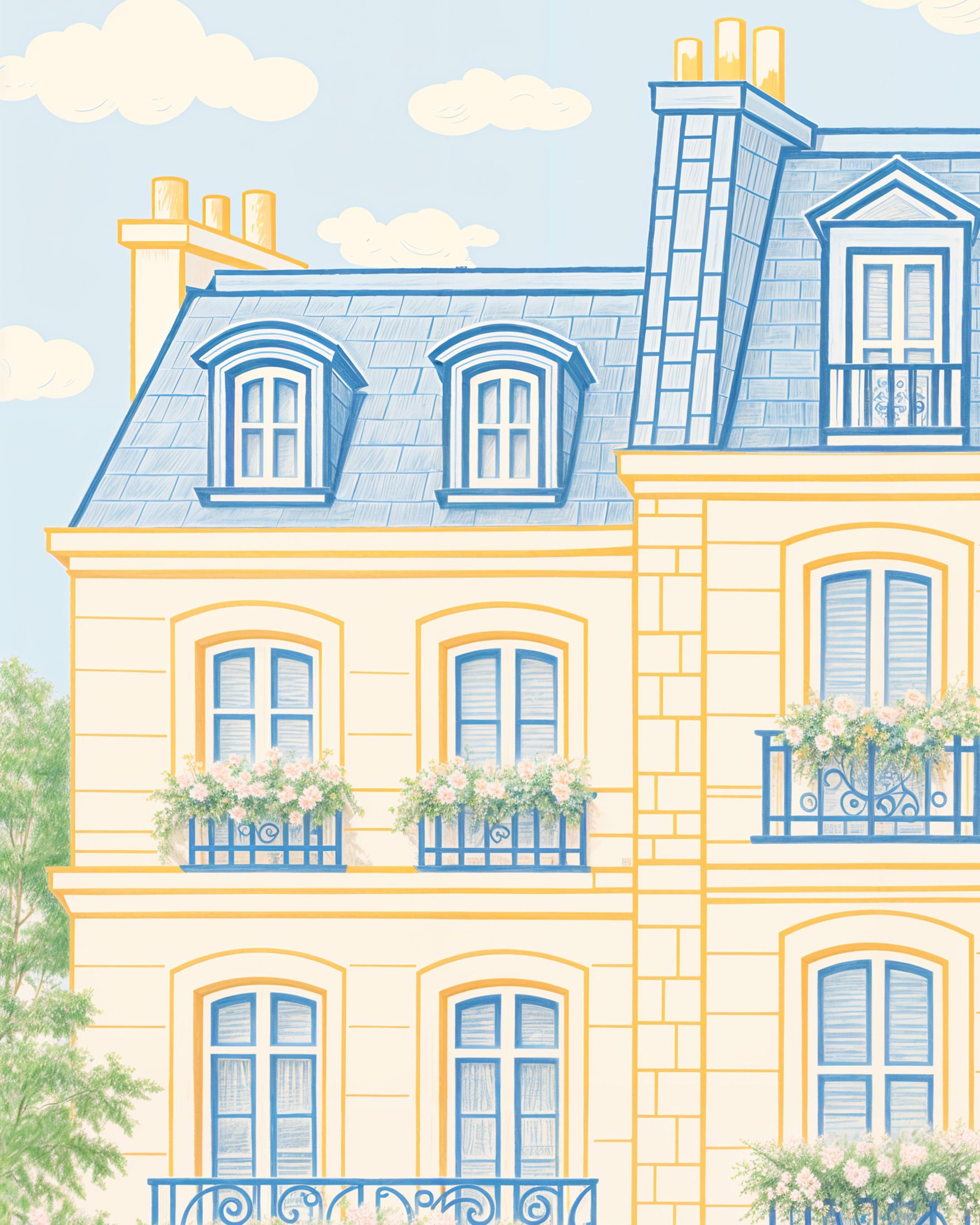 Paris Fassade Poster – Elegante Pastellillustration