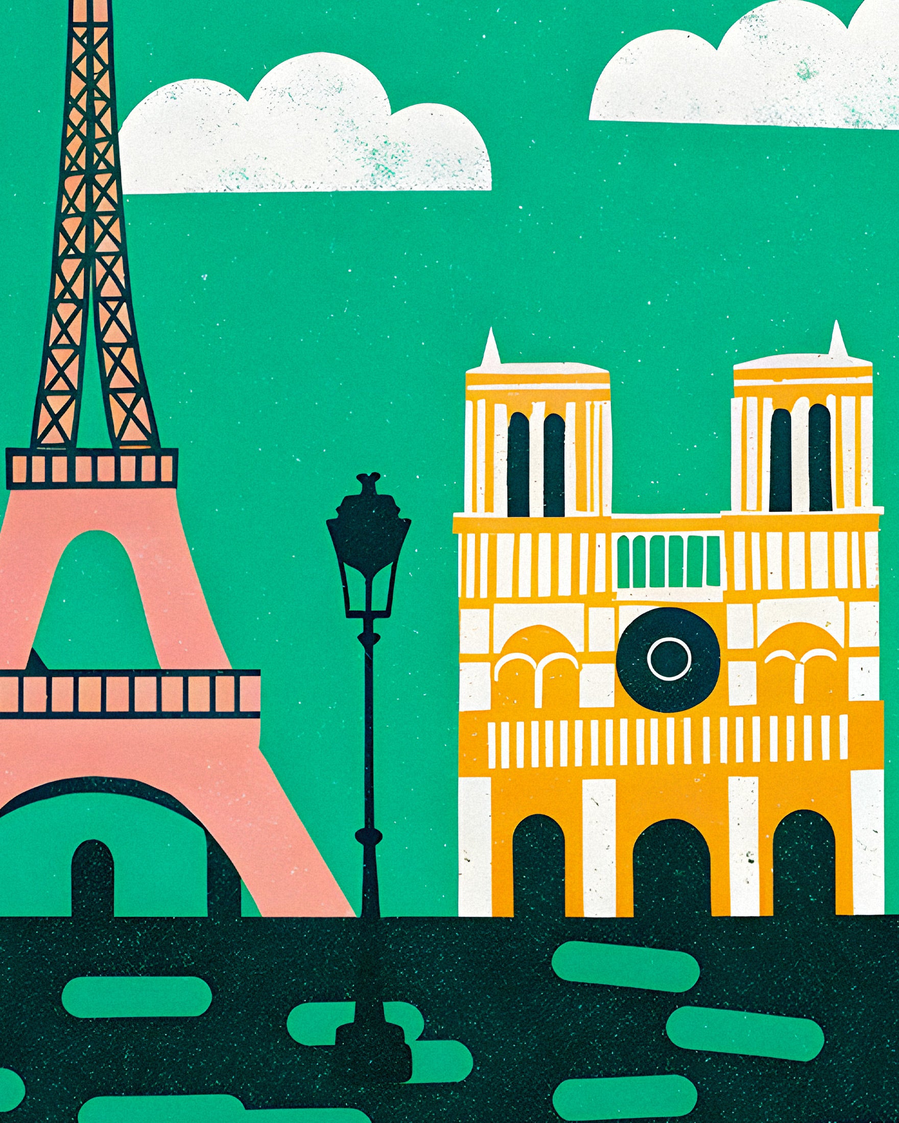 Grafische moderne Illustration des Eiffelturms & der Notre-Dame – Paris poster