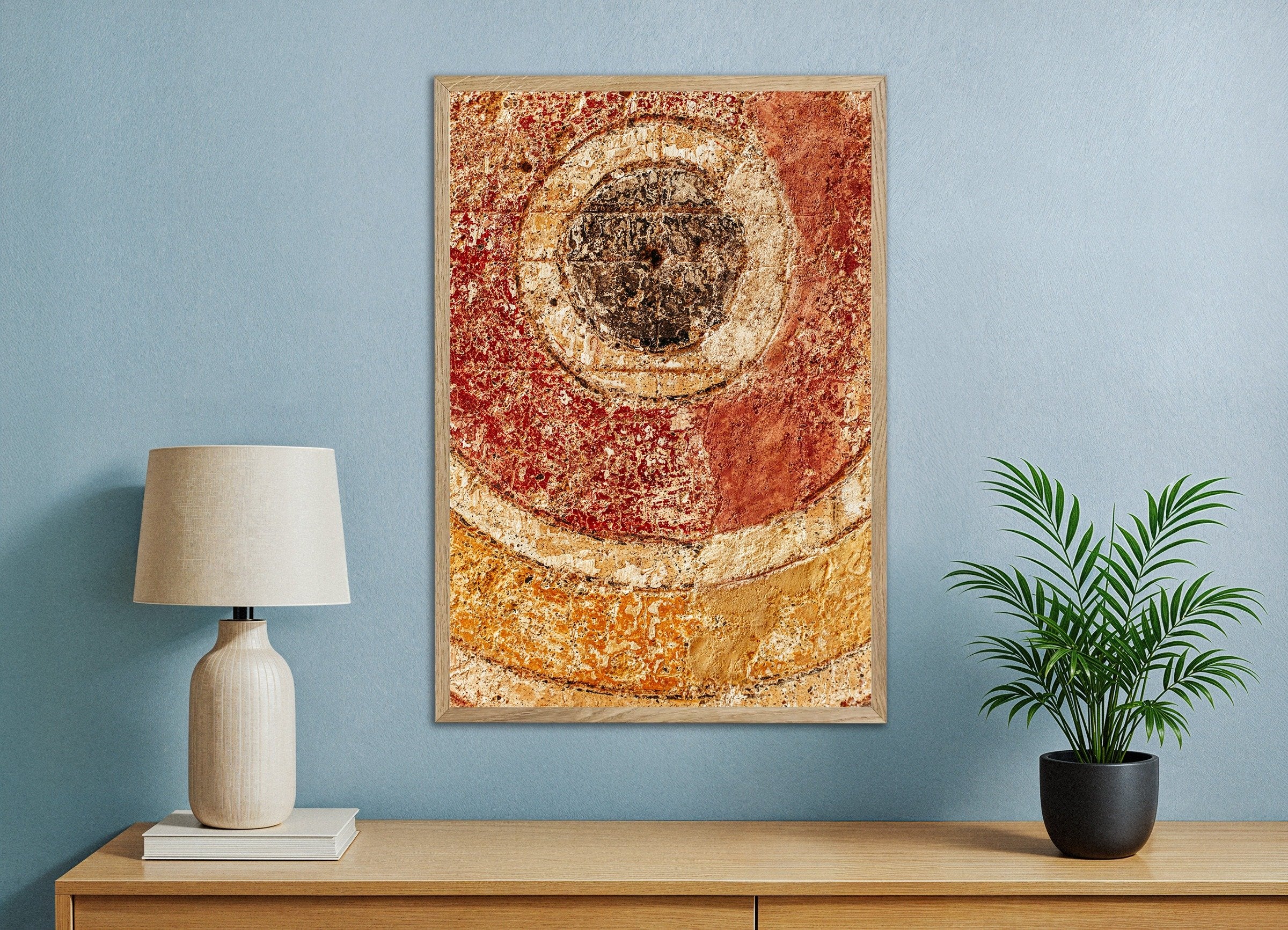 Poster of Ancient Pompeii Wall Detail - Weathered Fresco Art Print, with natural wooden frame