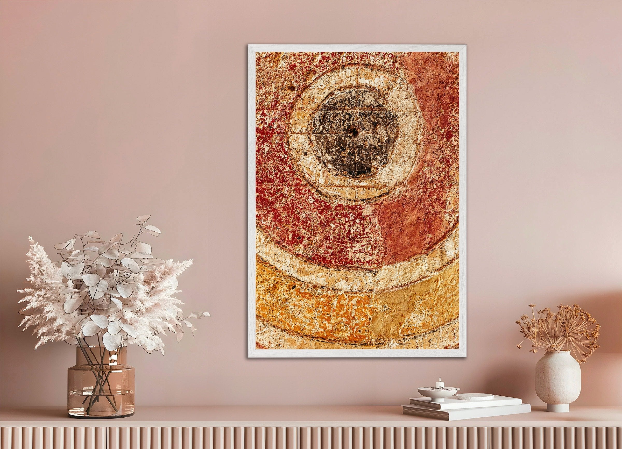 Poster of Ancient Pompeii Wall Detail - Weathered Fresco Art Print, with white wooden frame