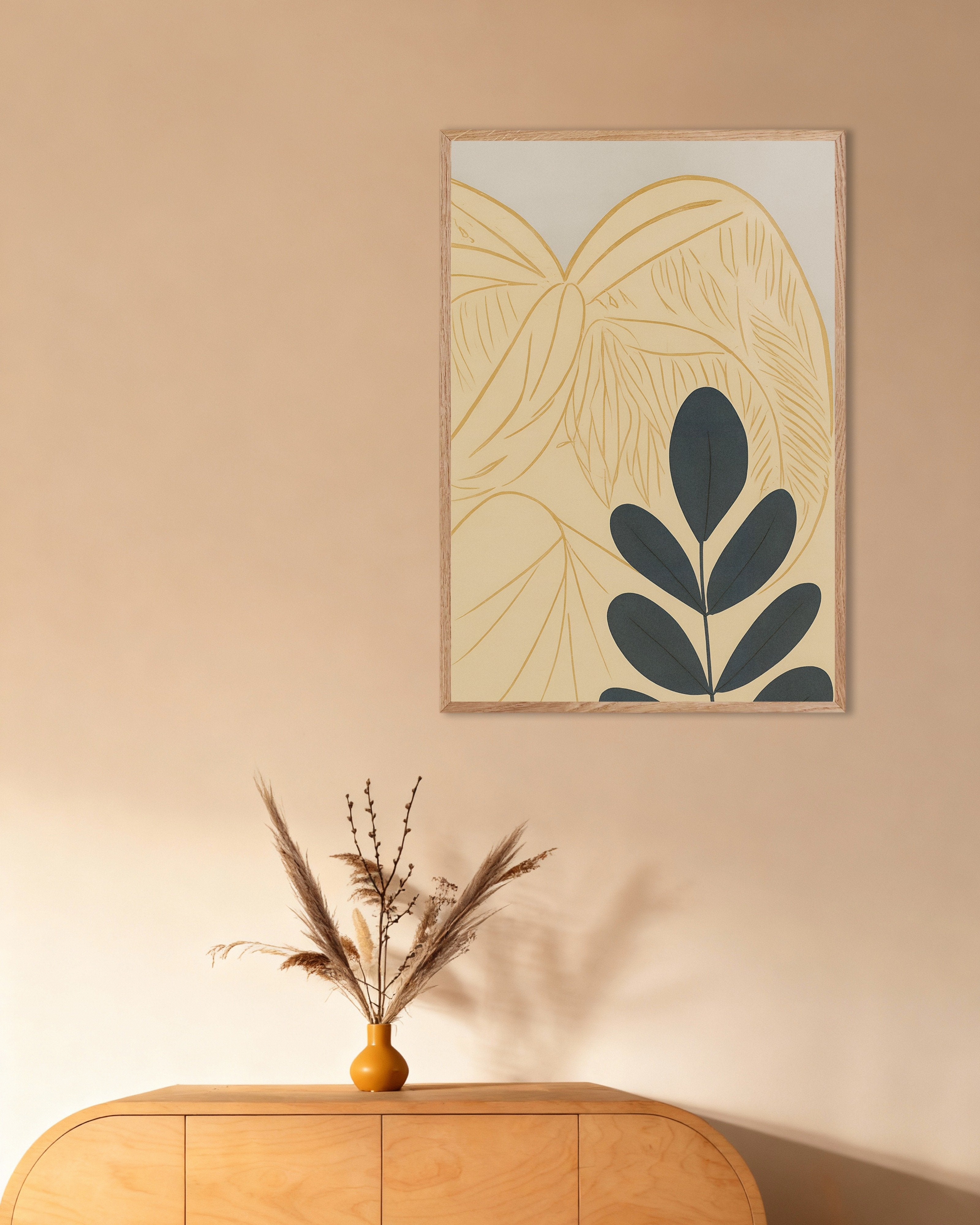 Poster of Autumn Botanical Poster – Graphic Leaves on Beige, with natural wooden frame