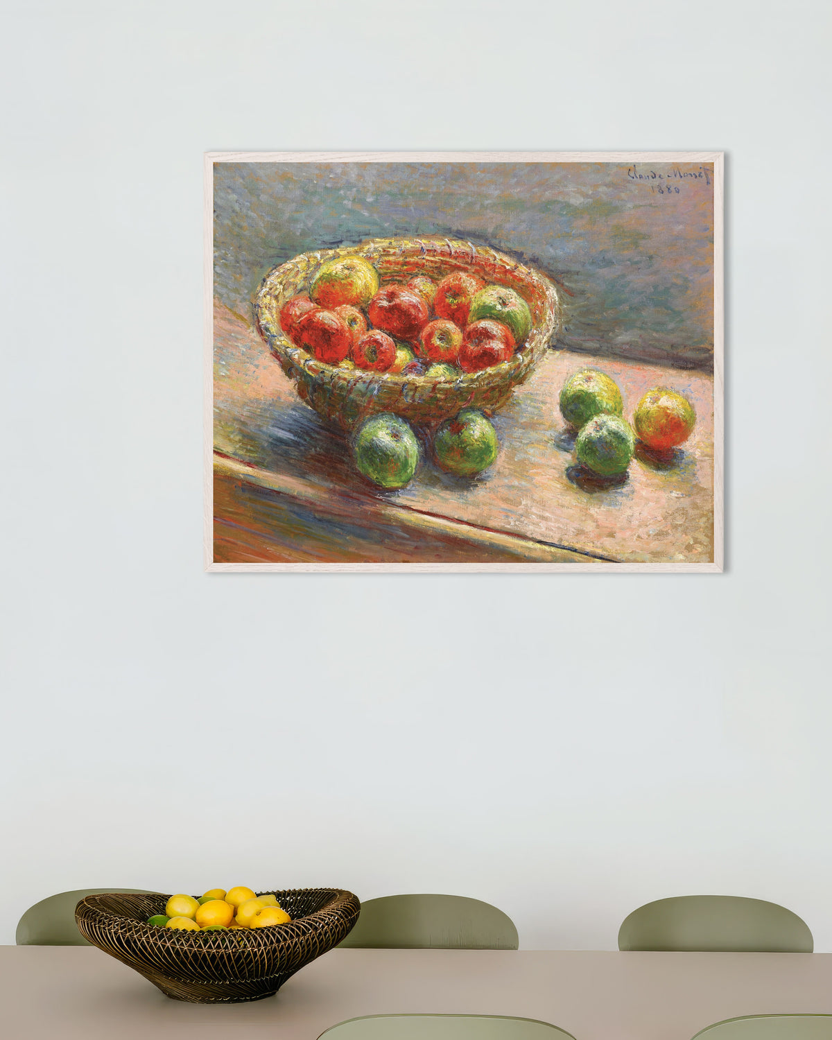 Poster Der Apfelkorb (1880) von Claude Monet mit weißem Holzrahmen