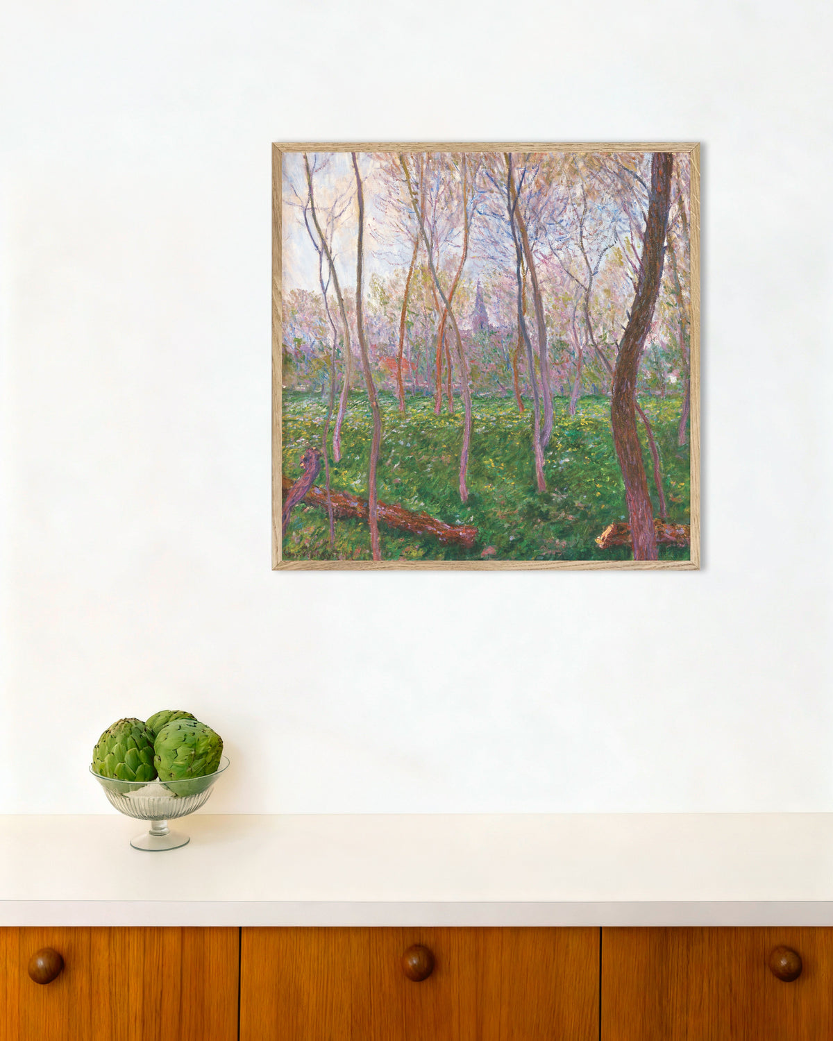 Poster Bennecourt (1887) von Claude Monet mit naturfarbenem Holzrahmen