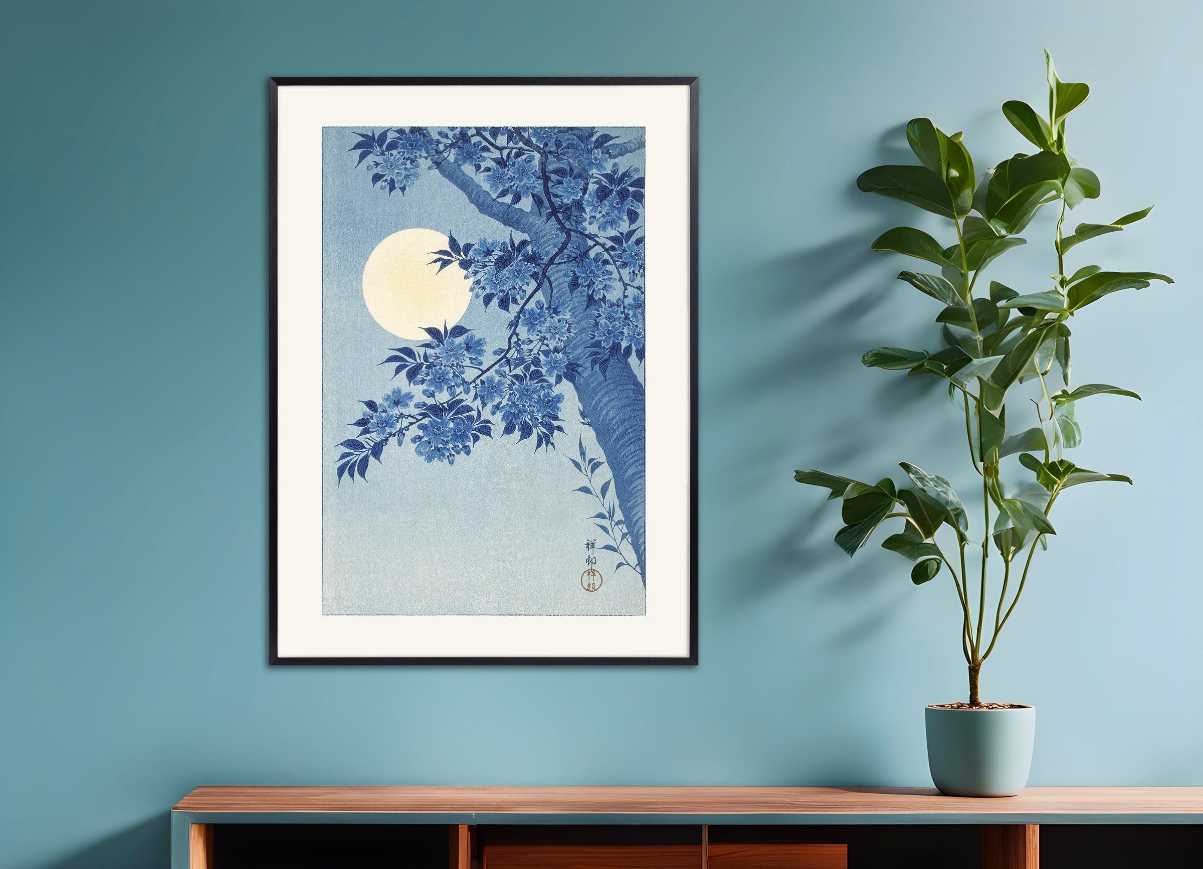 Poster of Blossoming Cherry on a Moonlit Night, Ohara Koson, with metal frame