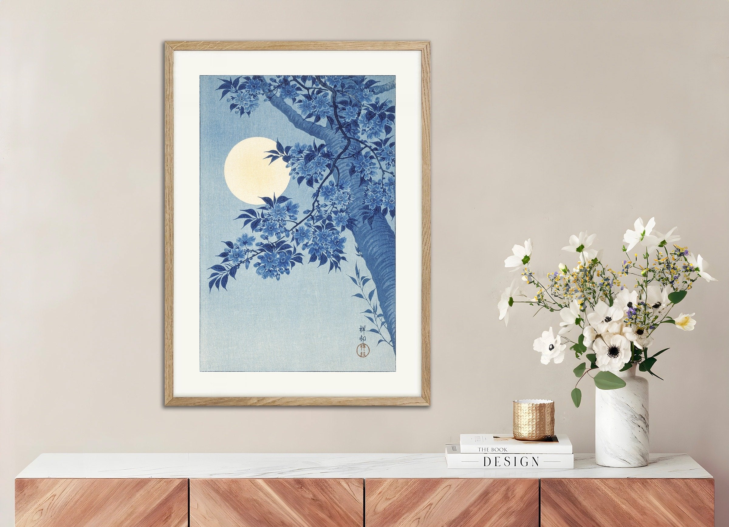 Poster of Blossoming Cherry on a Moonlit Night, Ohara Koson, with natural wooden frame
