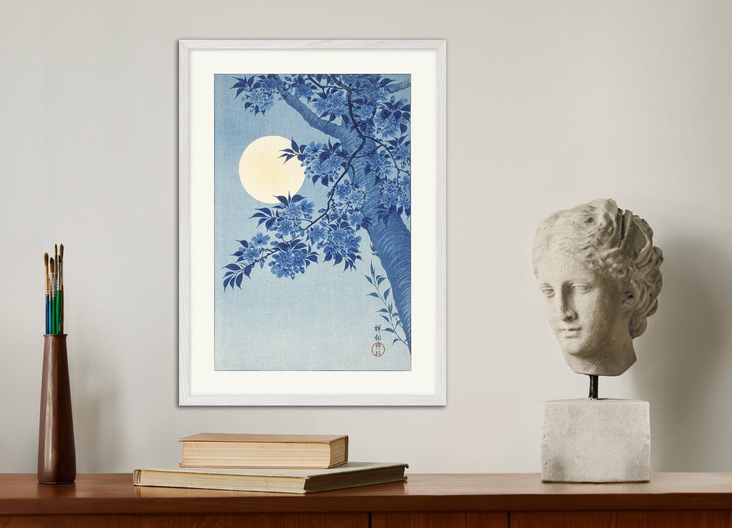 Poster of Blossoming Cherry on a Moonlit Night, Ohara Koson, with white wooden frame
