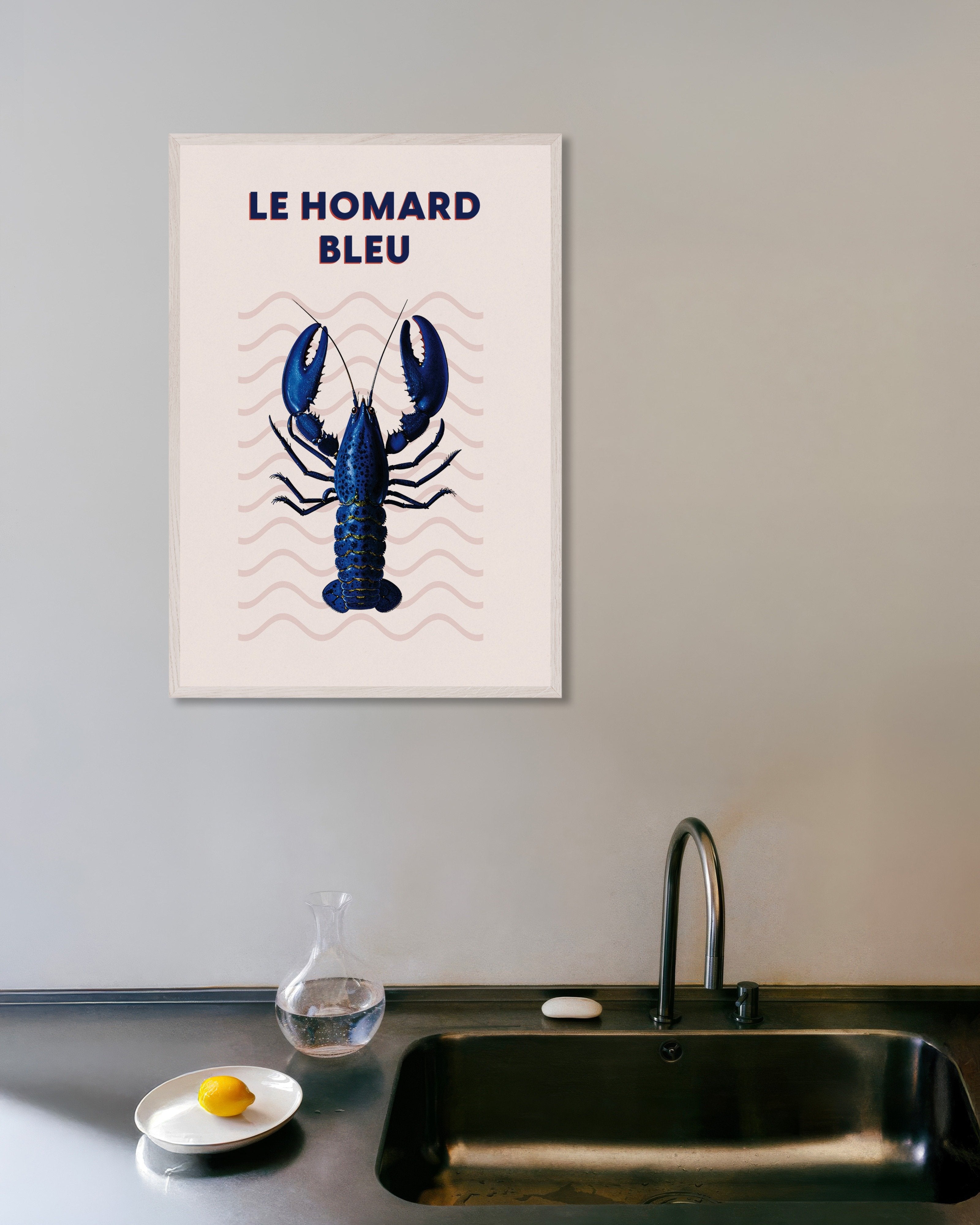 Poster of Blue Lobster Poster, with white wooden frame