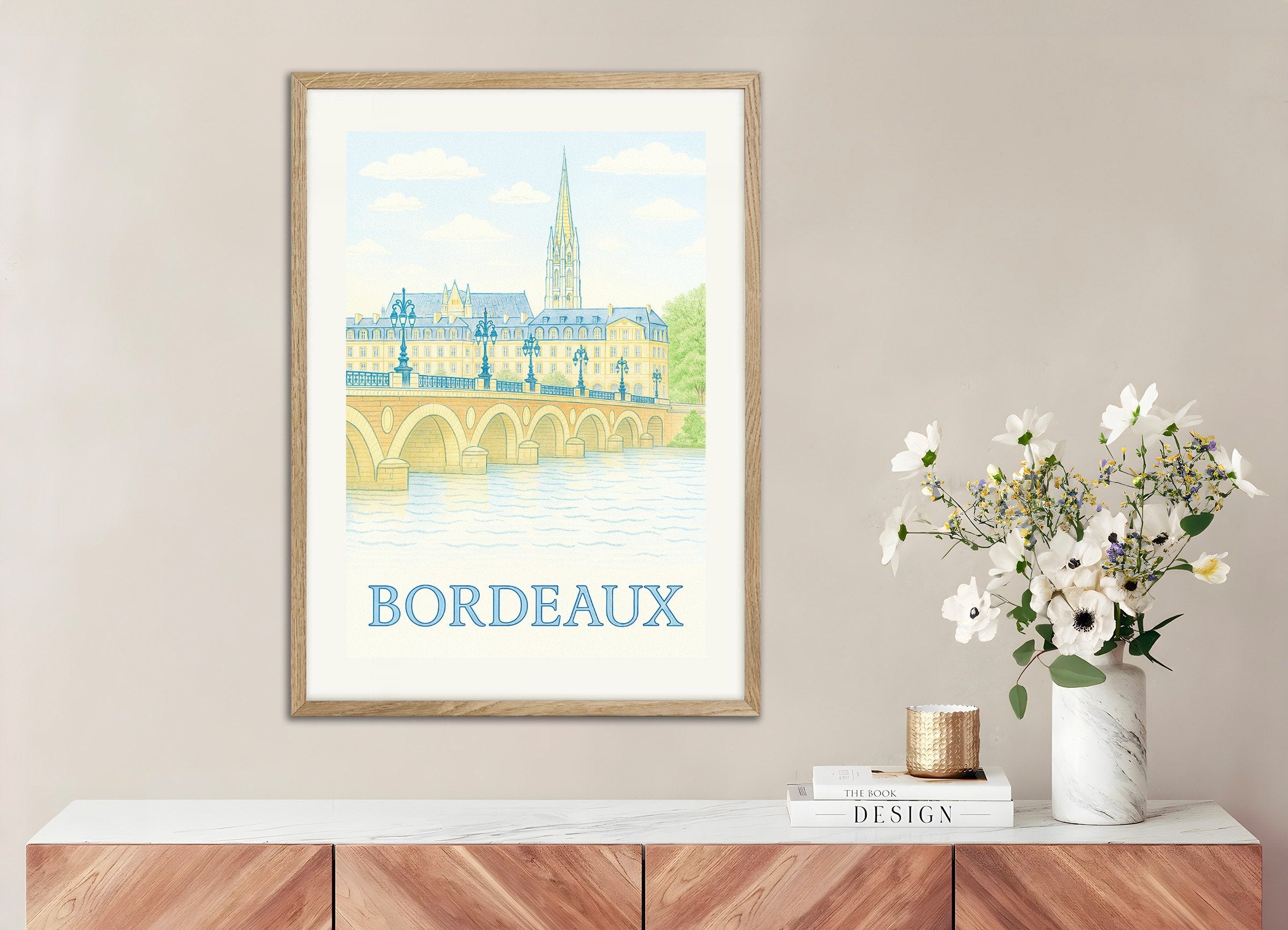 Poster of Bordeaux Poster – Hand-Drawn Cityscape Art Print in Soft Pastels, with natural wooden frame