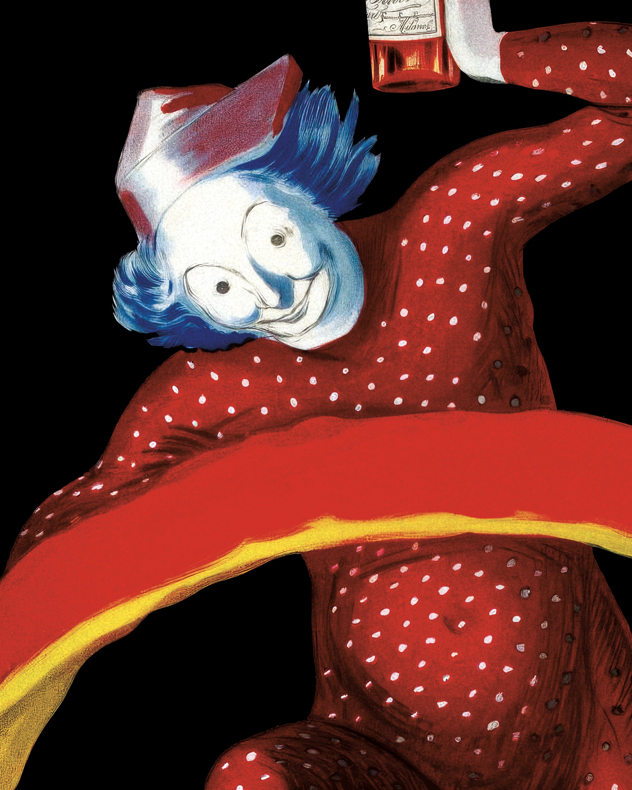 Bitter Campari poster detail - Cartoon character with blue hair and red polka dot outfit holding a bottle against a black background