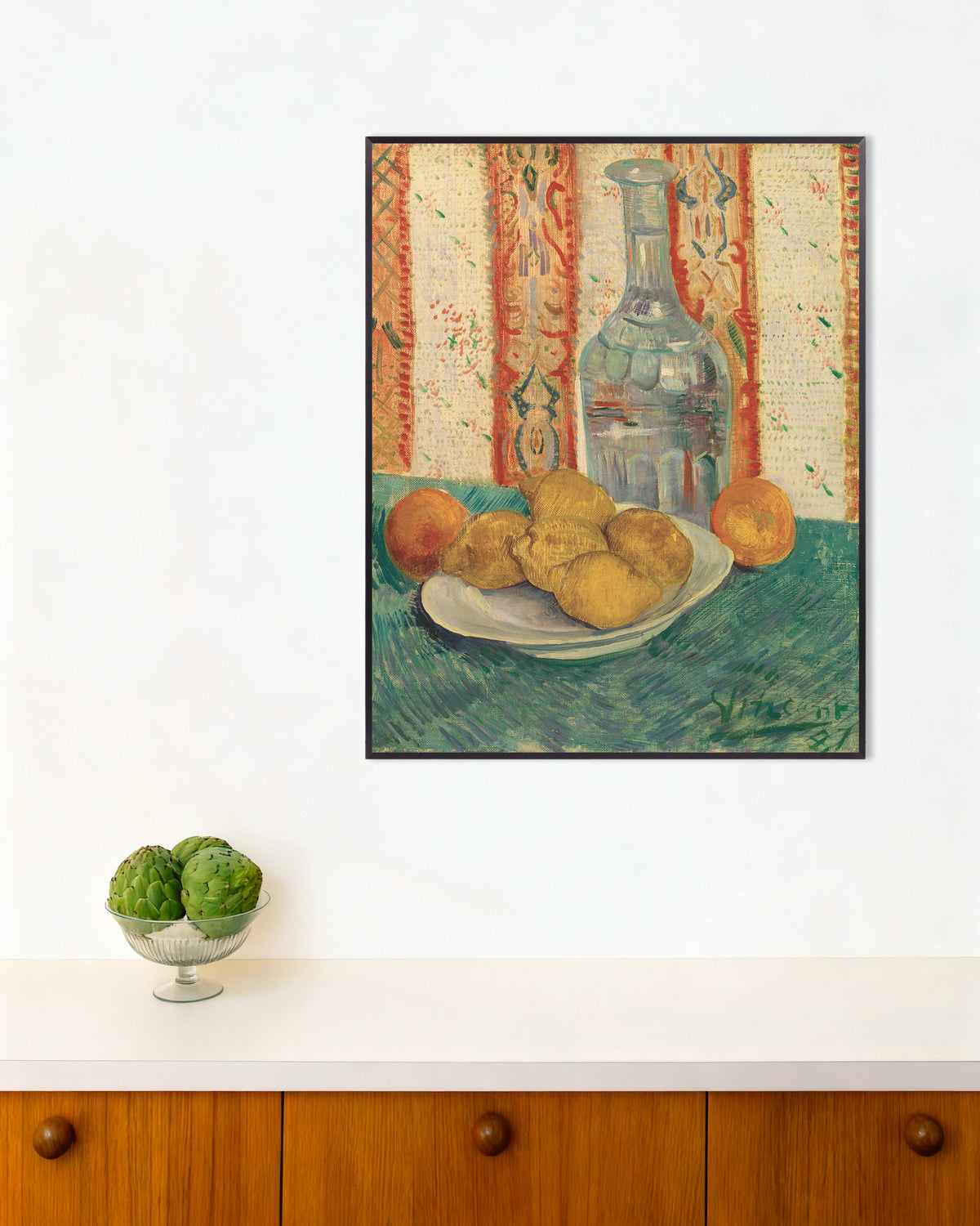 Poster mit „Karaffe und Schale mit Zitrusfrüchten (1887) von Vincent van Gogh“, mit Metallrahmen