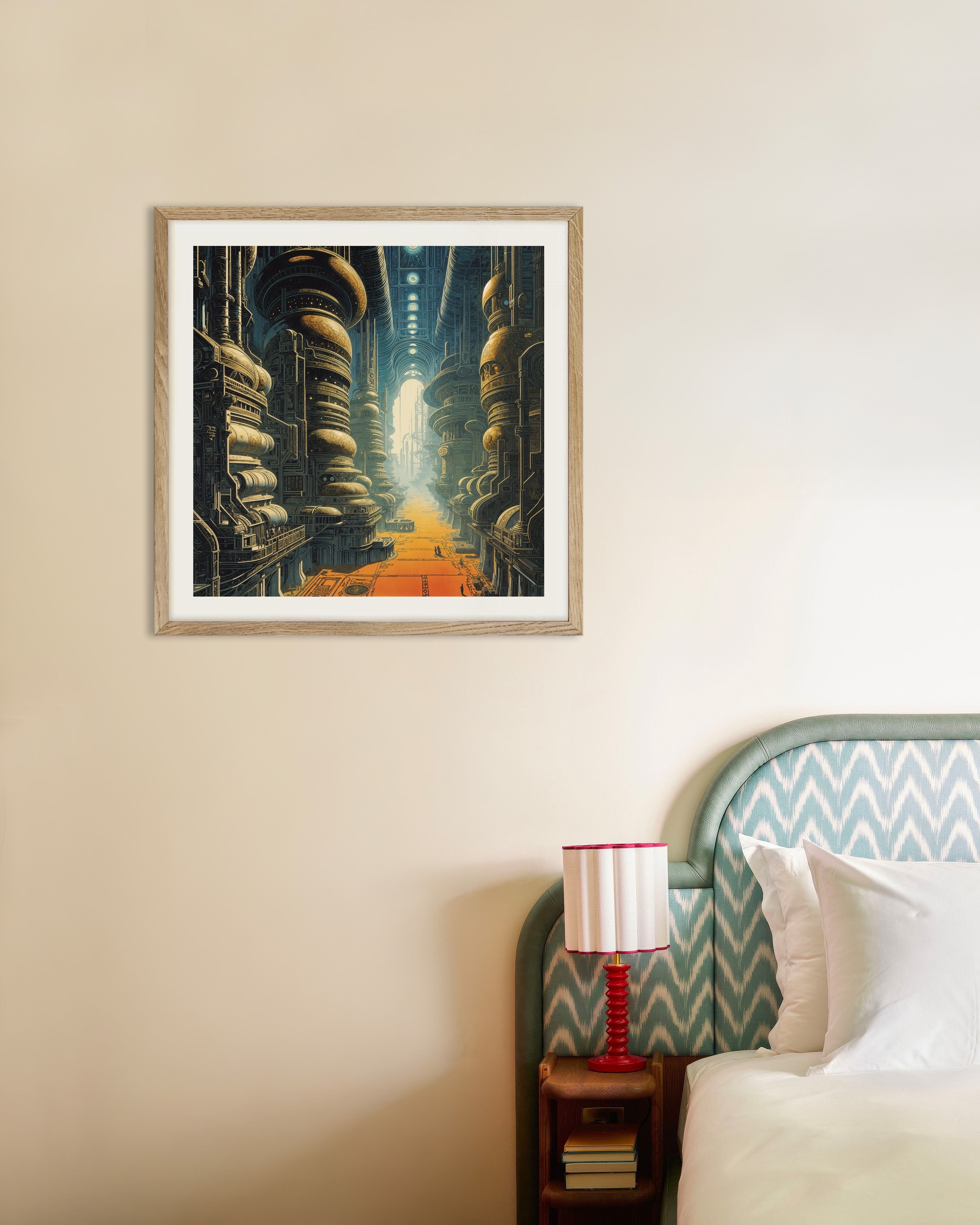Poster of Celestial Factory - Futuristic Industrial Cathedral, with natural wooden frame