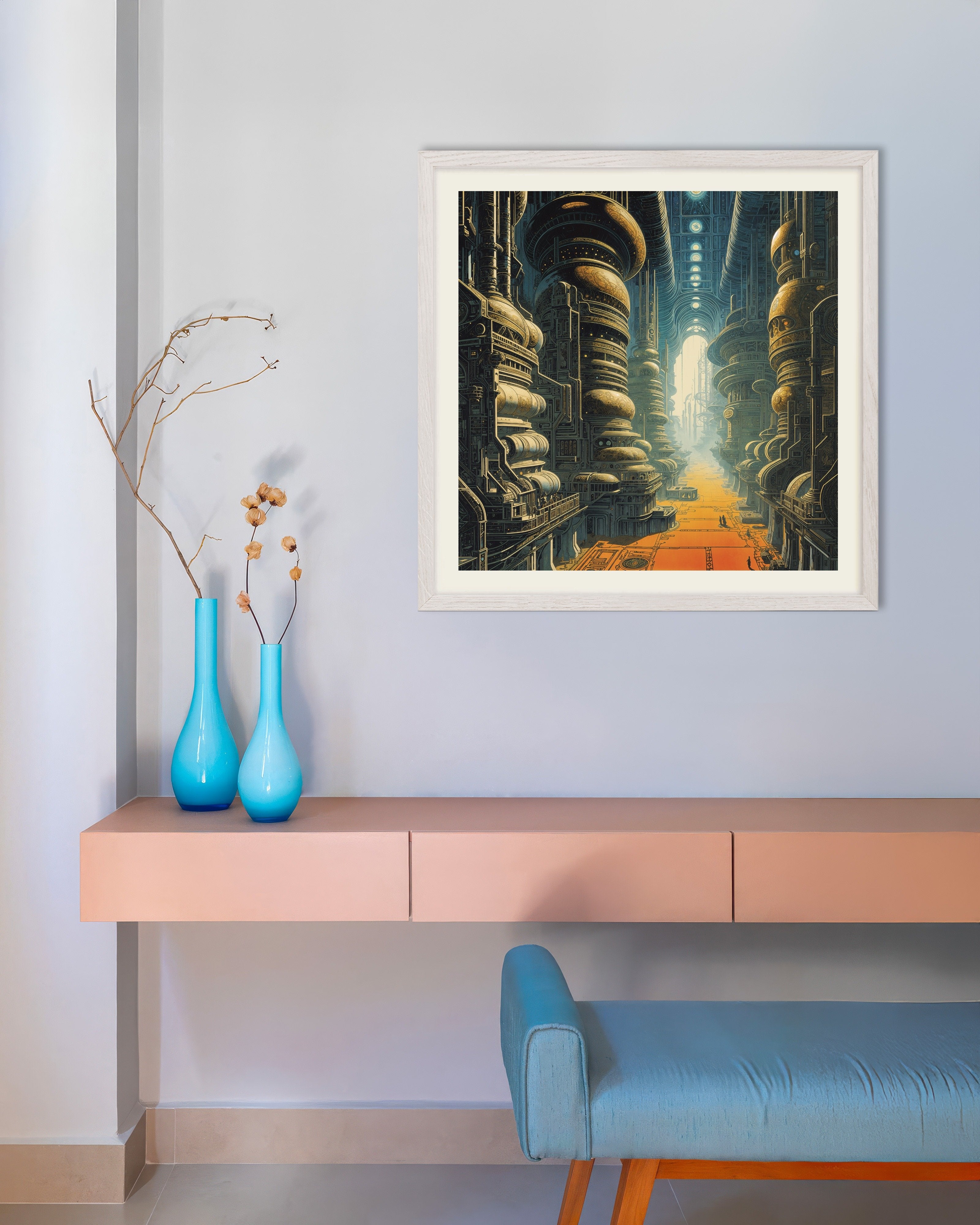 Poster of Celestial Factory - Futuristic Industrial Cathedral, with white wooden frame