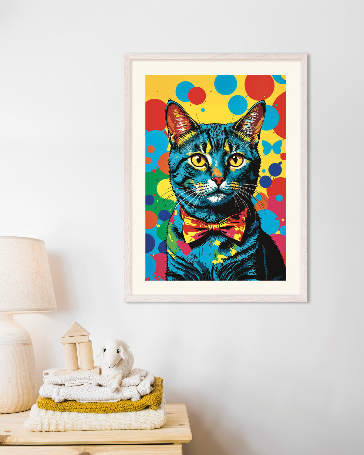 Poster des Farbenfrohen Katzenposters mit weißem Holzrahmen