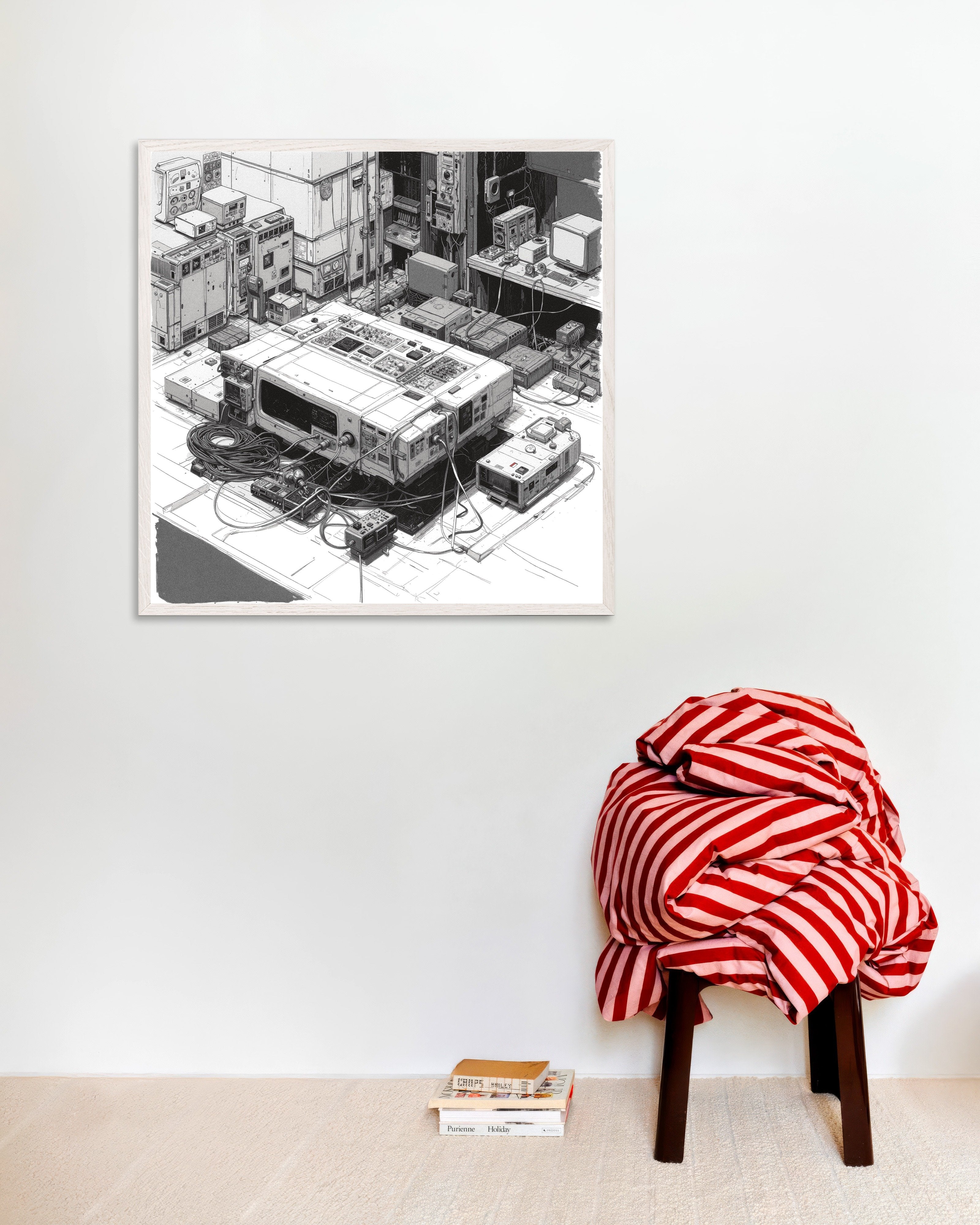 Poster of Dark cyberpunk console station illustration, with white wooden frame