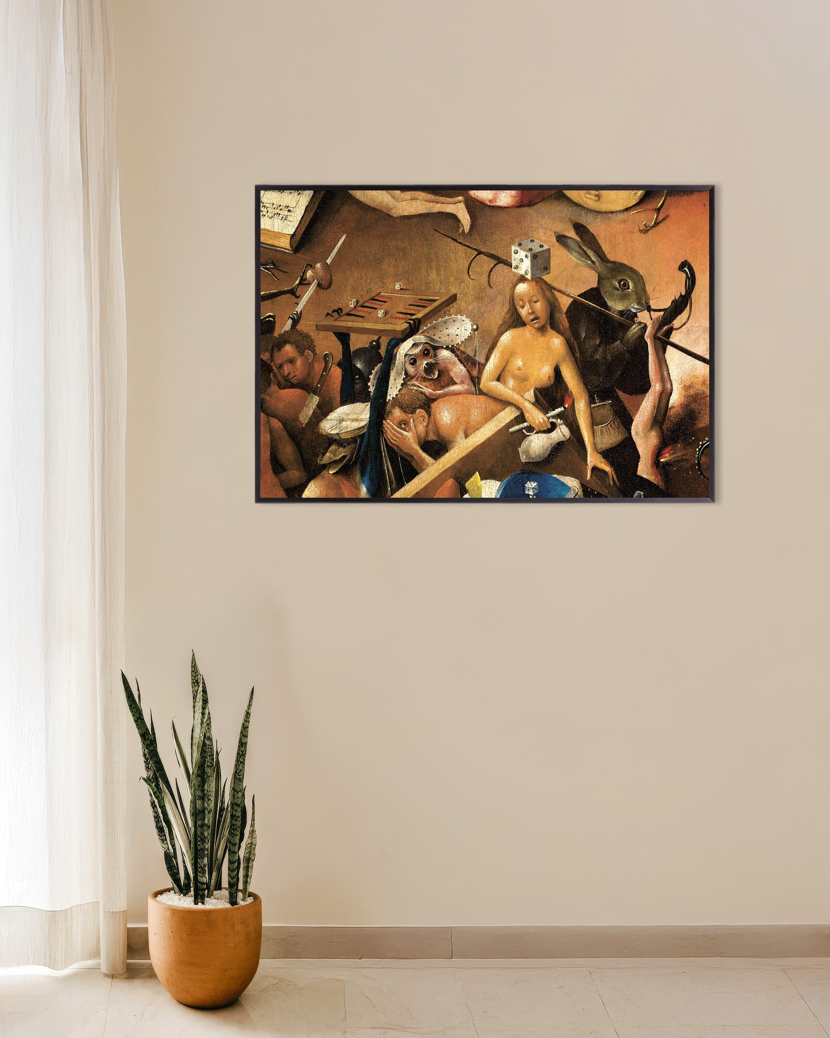 Poster of Detail from The Garden of Earthly Delights: the giant hare and gamblers, with metal frame