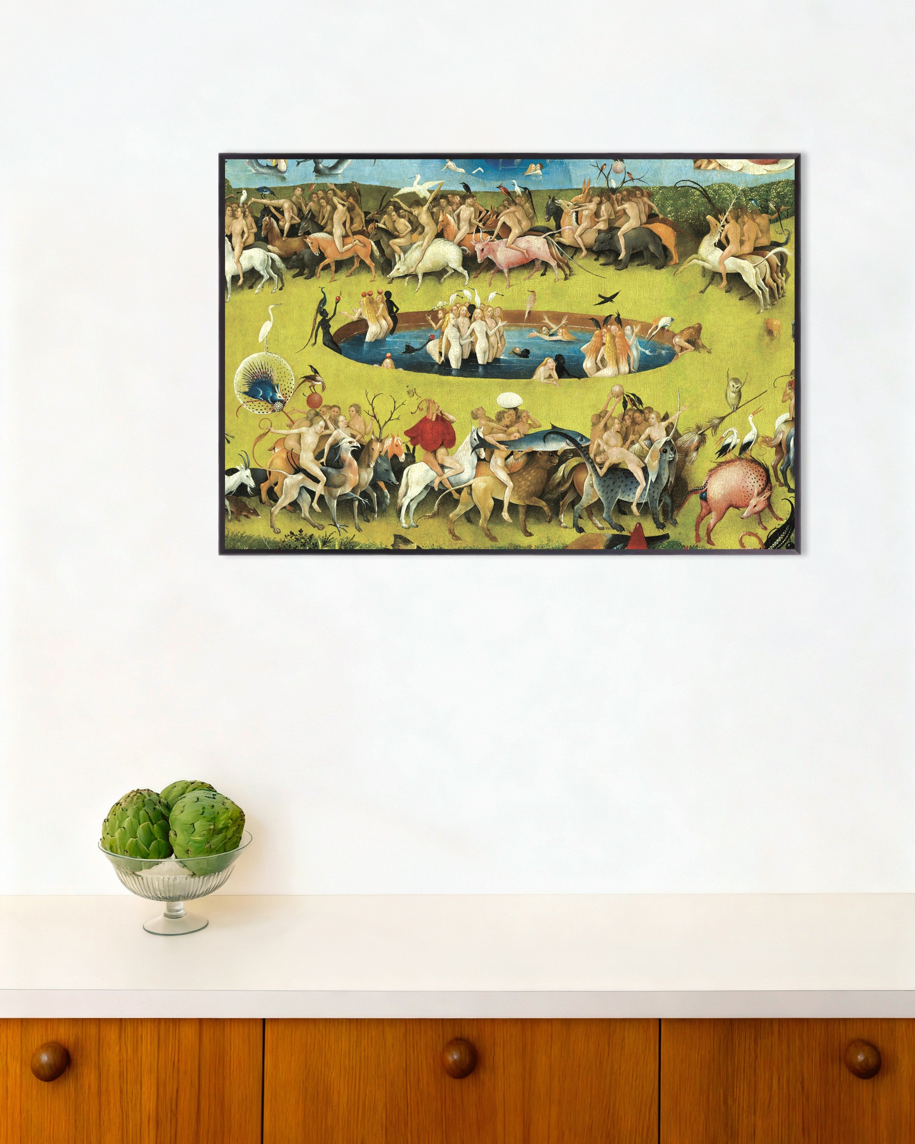 Poster of Detail from The Garden of Earthly Delights: the pool and the parade, with metal frame