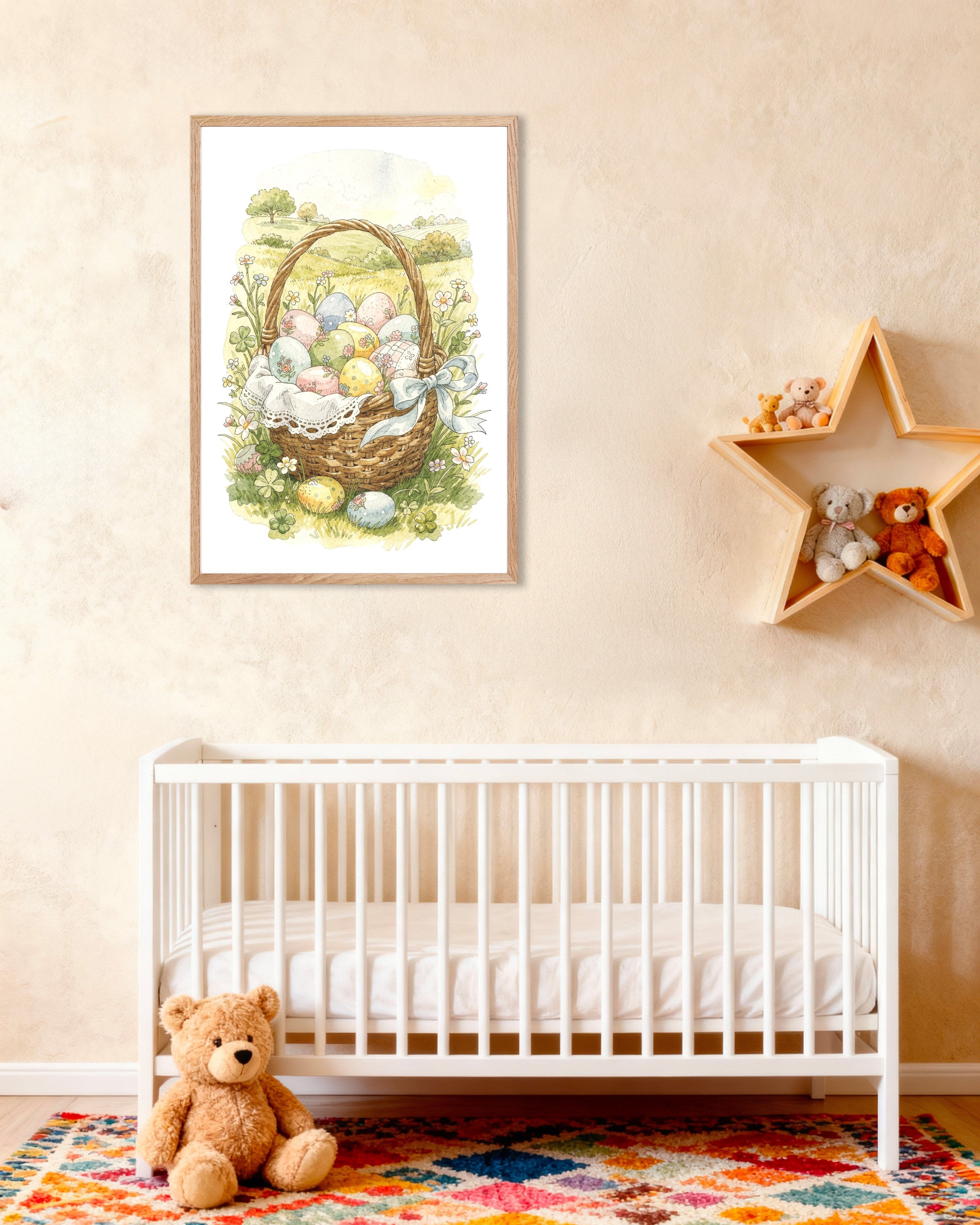 Poster of Easter Basket Meadow - Pastel Watercolor Poster, with natural wooden frame