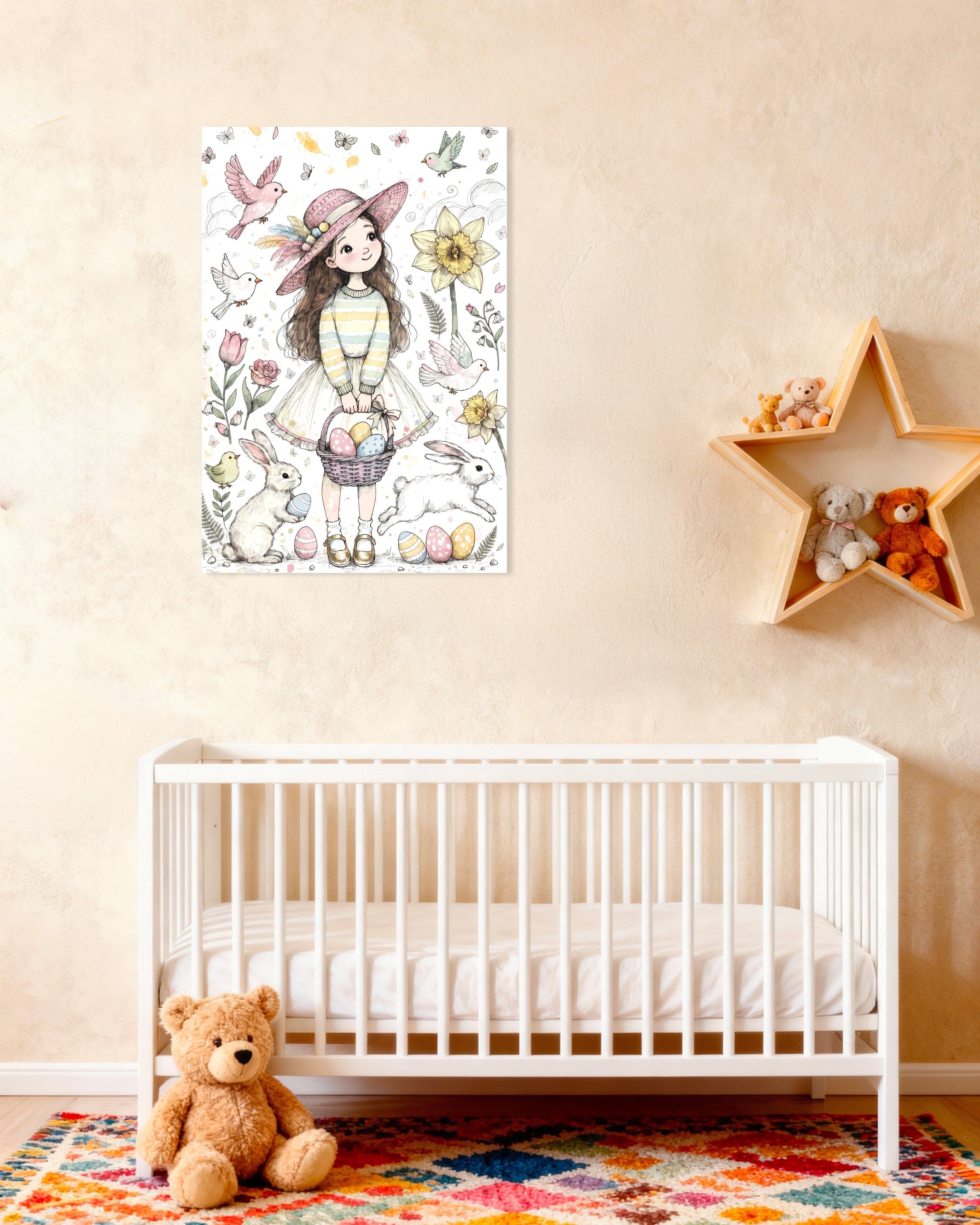 Poster of Easter Girl, Bunnies and Eggs - Pastel Spring Poster