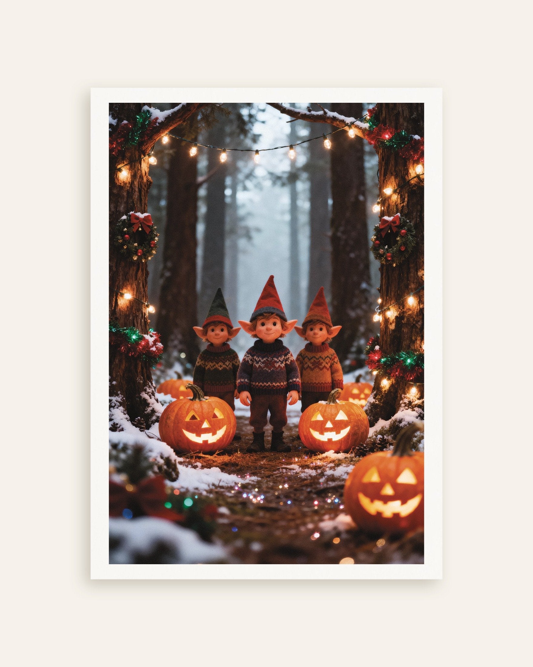 Poster of Elves and pumpkins in the snowy forest poster, thumbnail