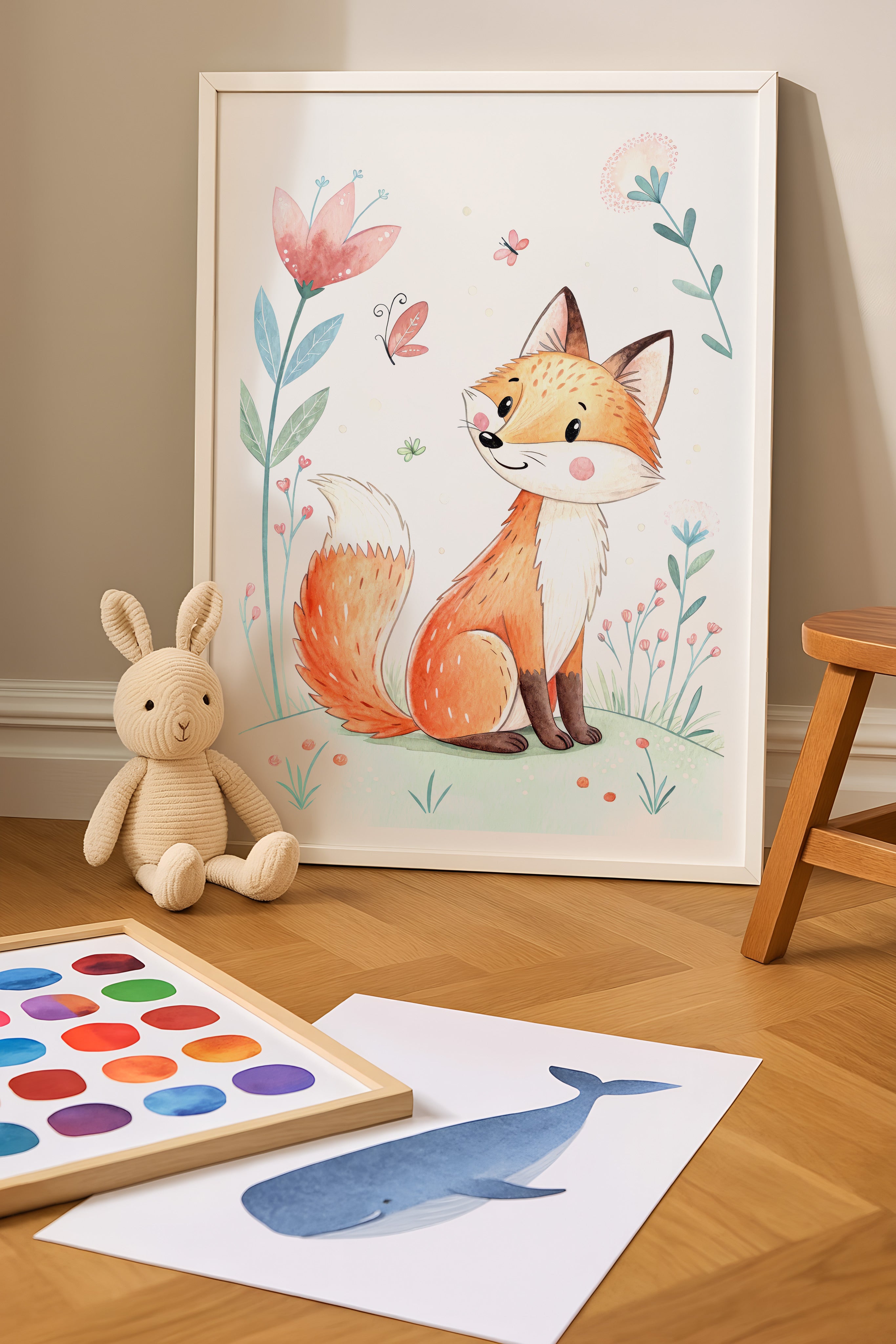 Children's room with a framed illustration of a fox, a plush toy, and educational toys on a wooden floor.