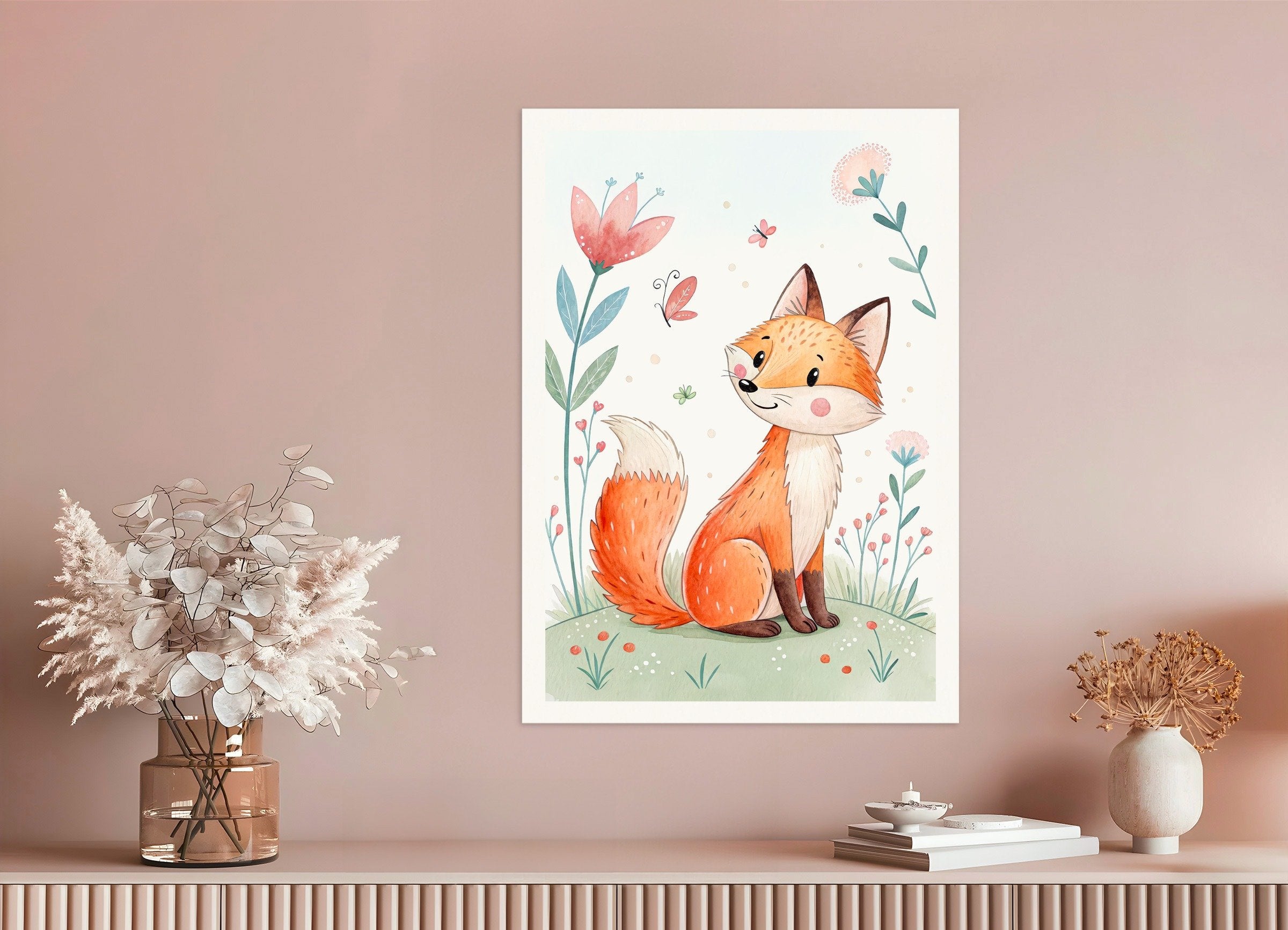 Framed illustration of a fox surrounded by flowers on a pink wall above a wooden shelf.