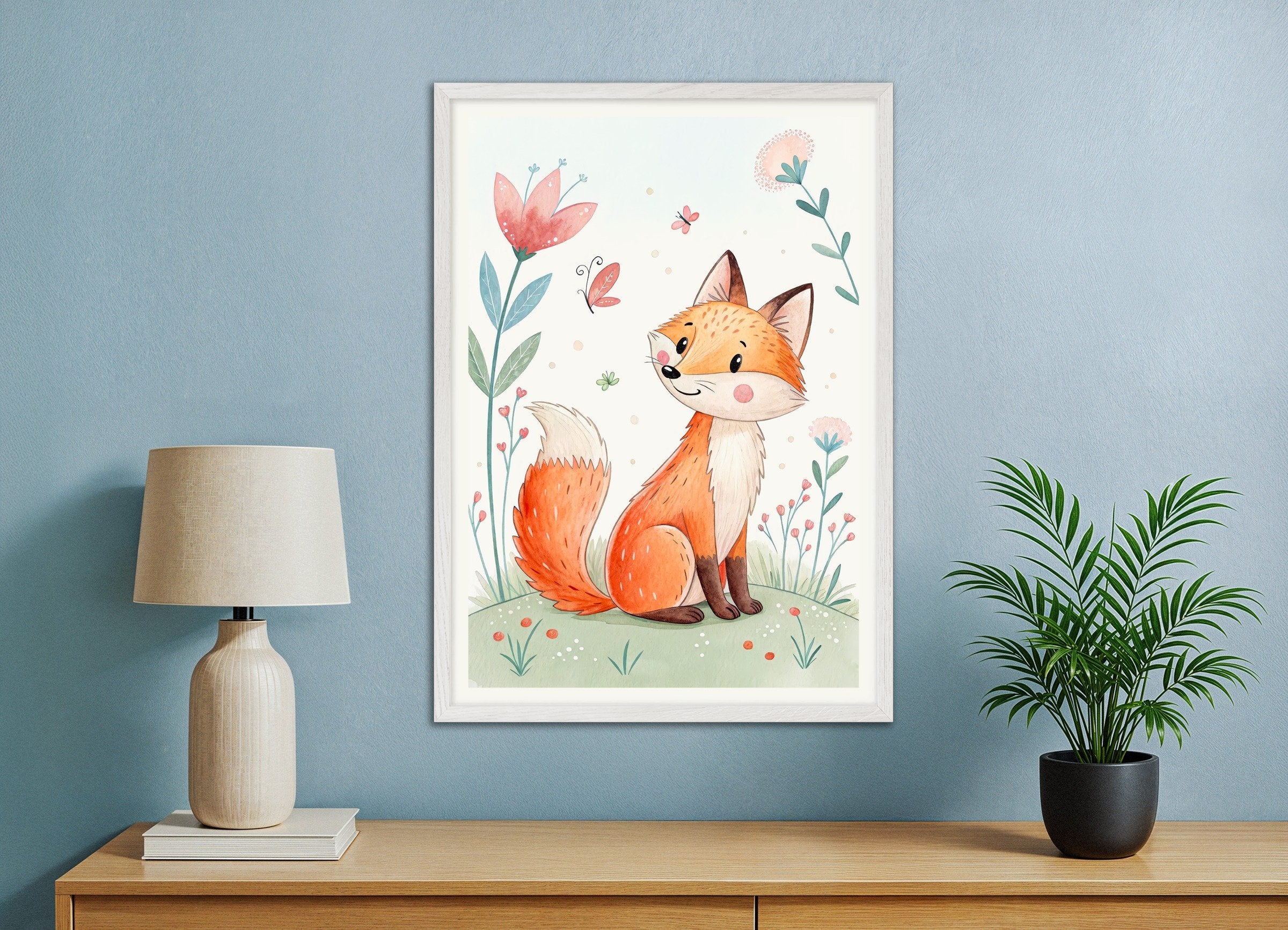 Framed illustration of a fox surrounded by flowers on a wall above a wooden shelf with a lamp and plant.