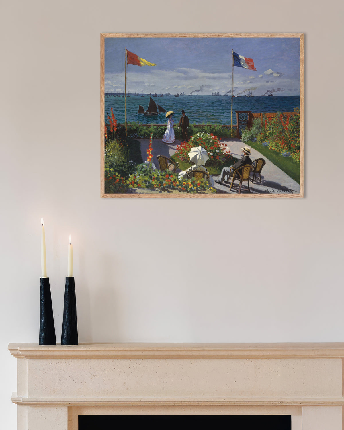 Poster Garten in Sainte-Adresse (1867) von Claude Monet mit naturfarbenem Holzrahmen