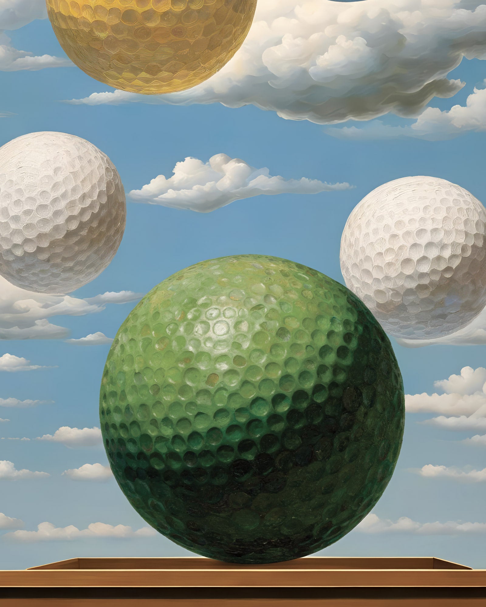 Golf balls of different colors on a green surface with a blue sky and clouds in the background