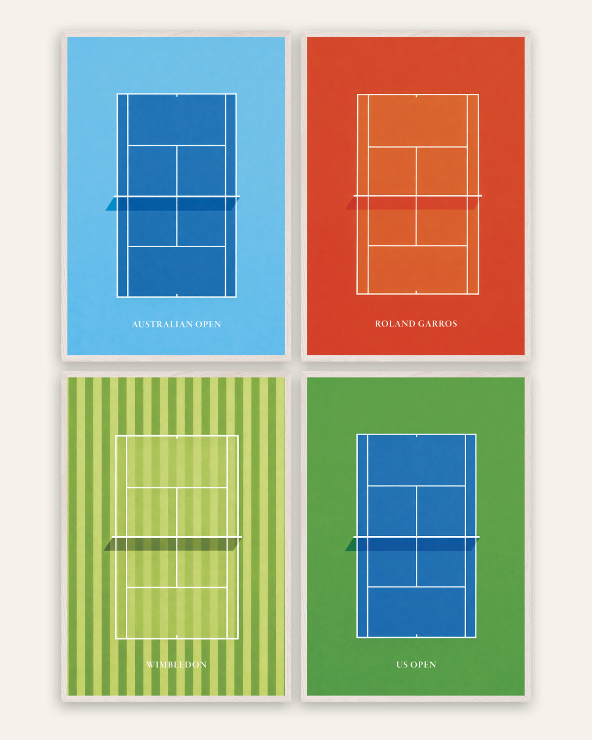 Grand-Slam-Tennis-Poster, 4er-Set: Australian Open, Roland Garros, Wimbledon und US Open, in weißen Eichenrahmen