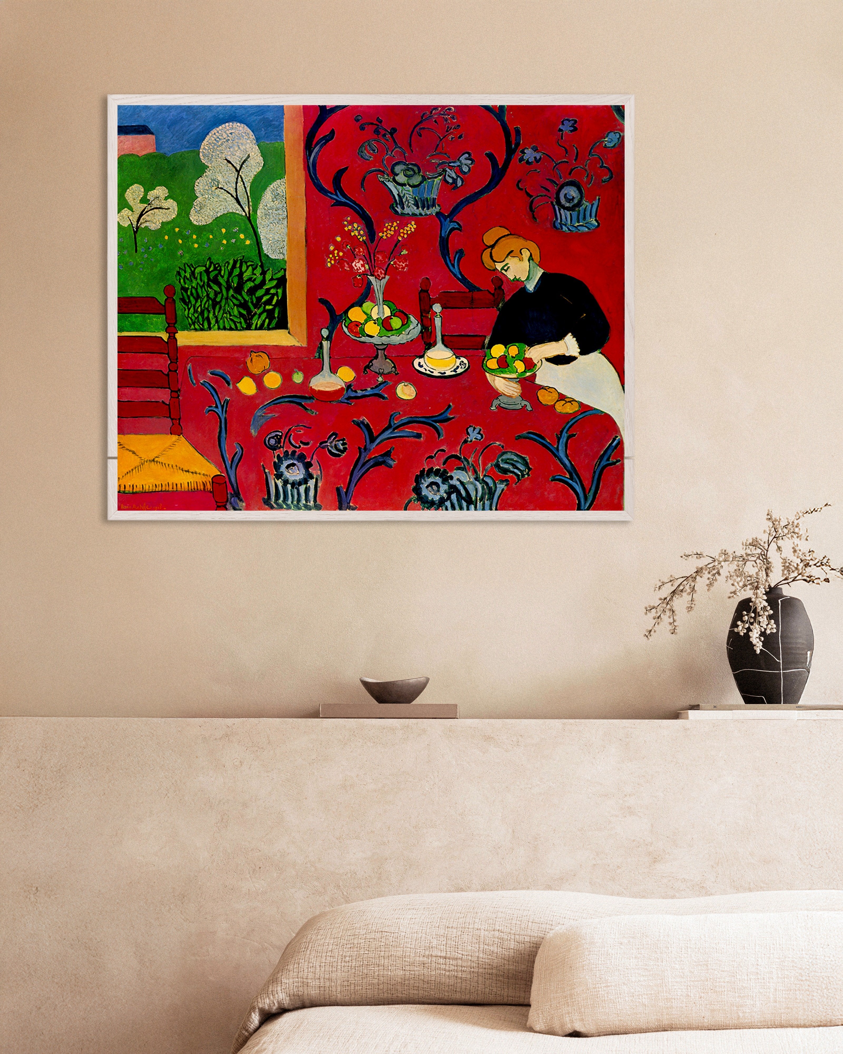 Poster of Harmony in Red (1908) by Henri Matisse, with white wooden frame