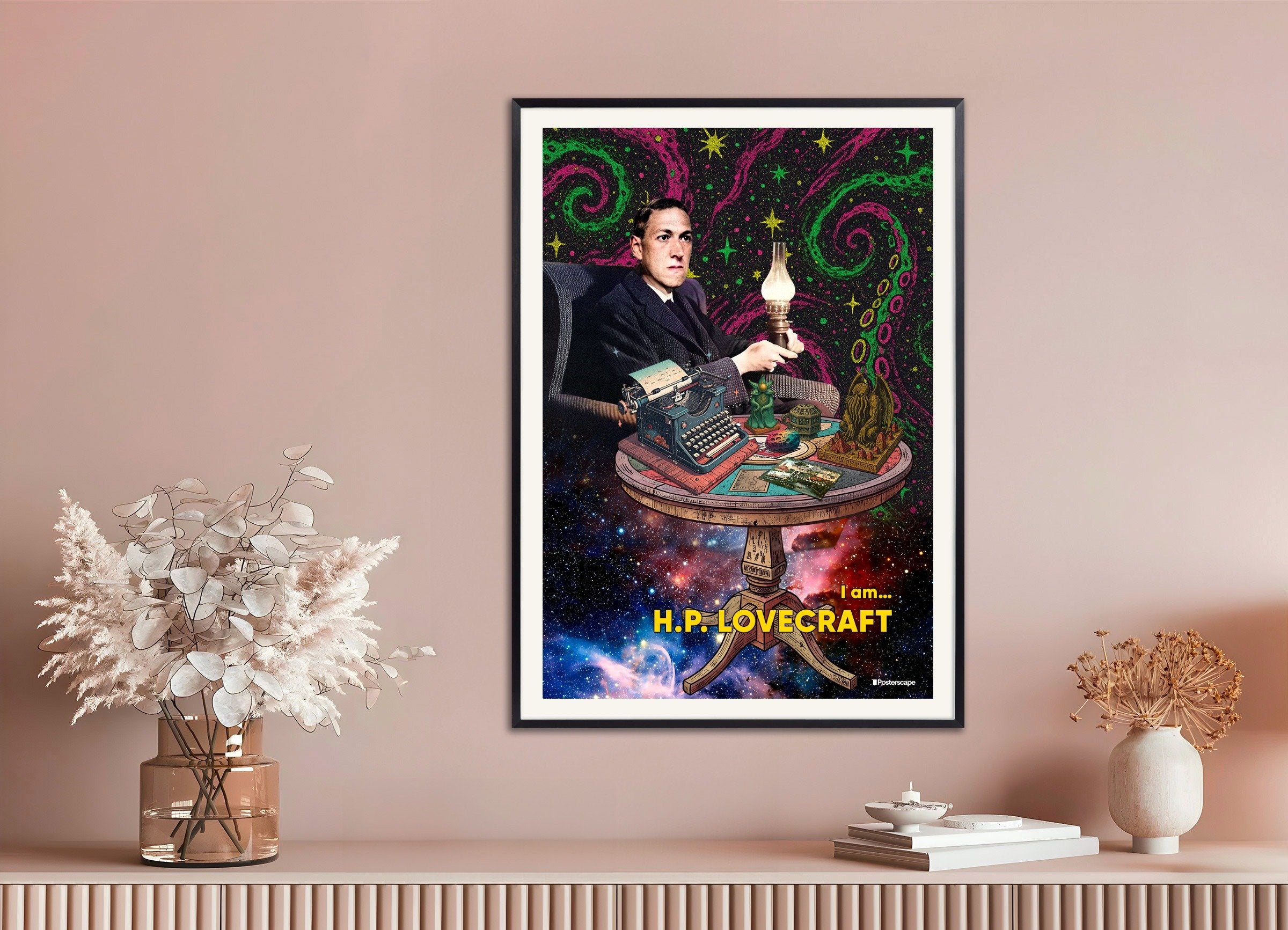 Poster of H.P. Lovecraft Art Print - Cosmic Horror Portrait, with metal frame
