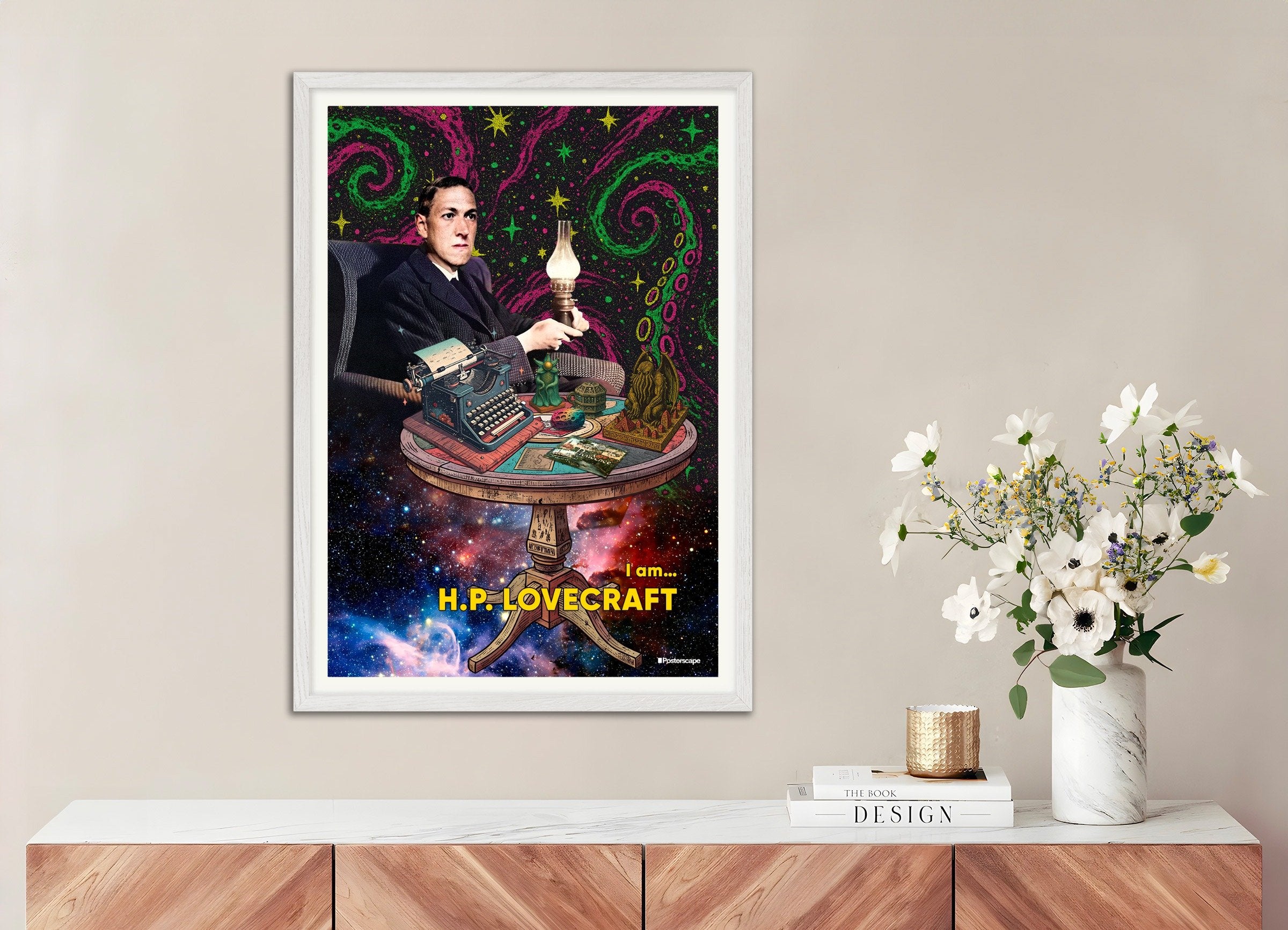 Poster of H.P. Lovecraft Art Print - Cosmic Horror Portrait, with white wooden frame