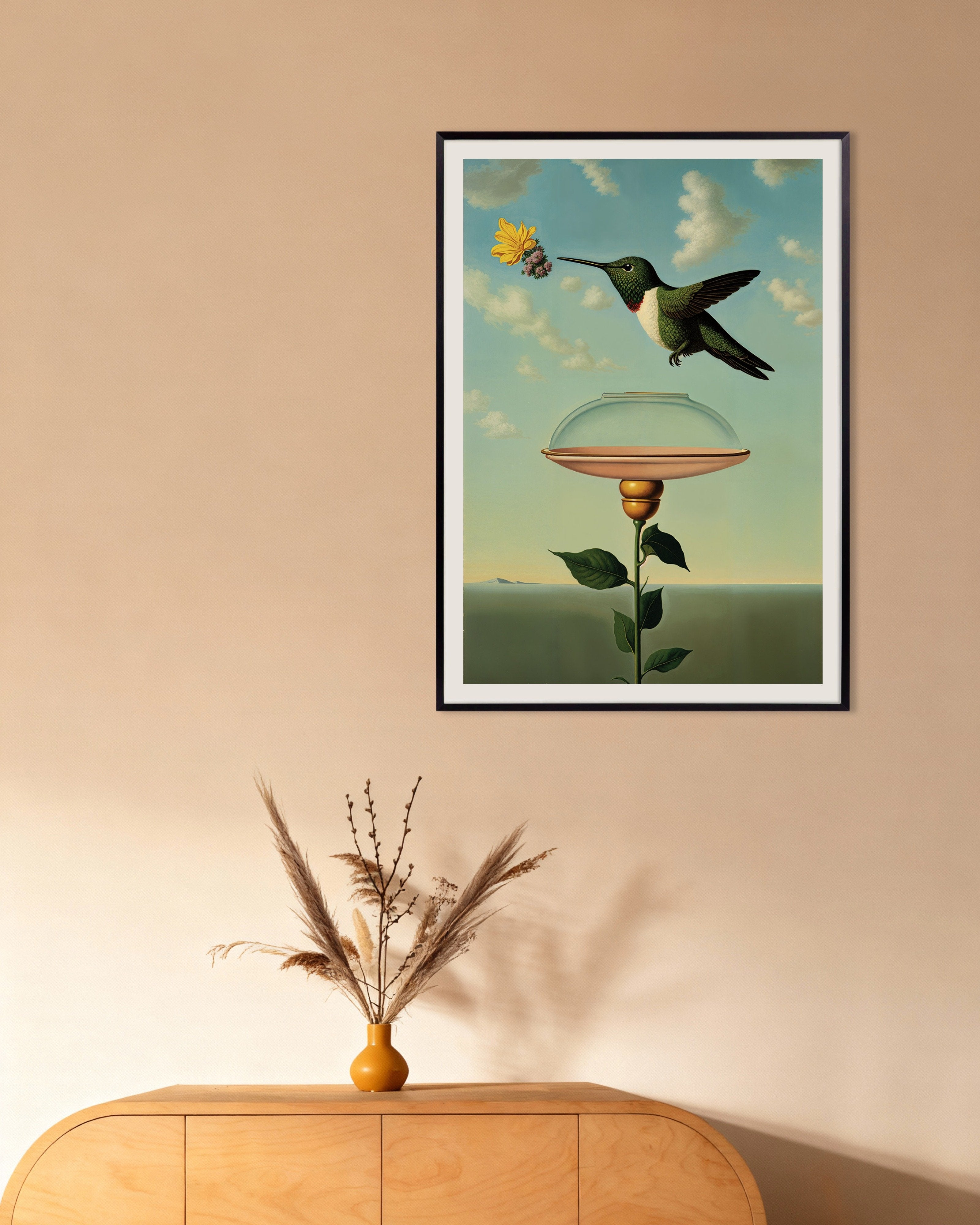 Poster of Hummingbird and Glass Cloche, A Magritte Homage, with metal frame
