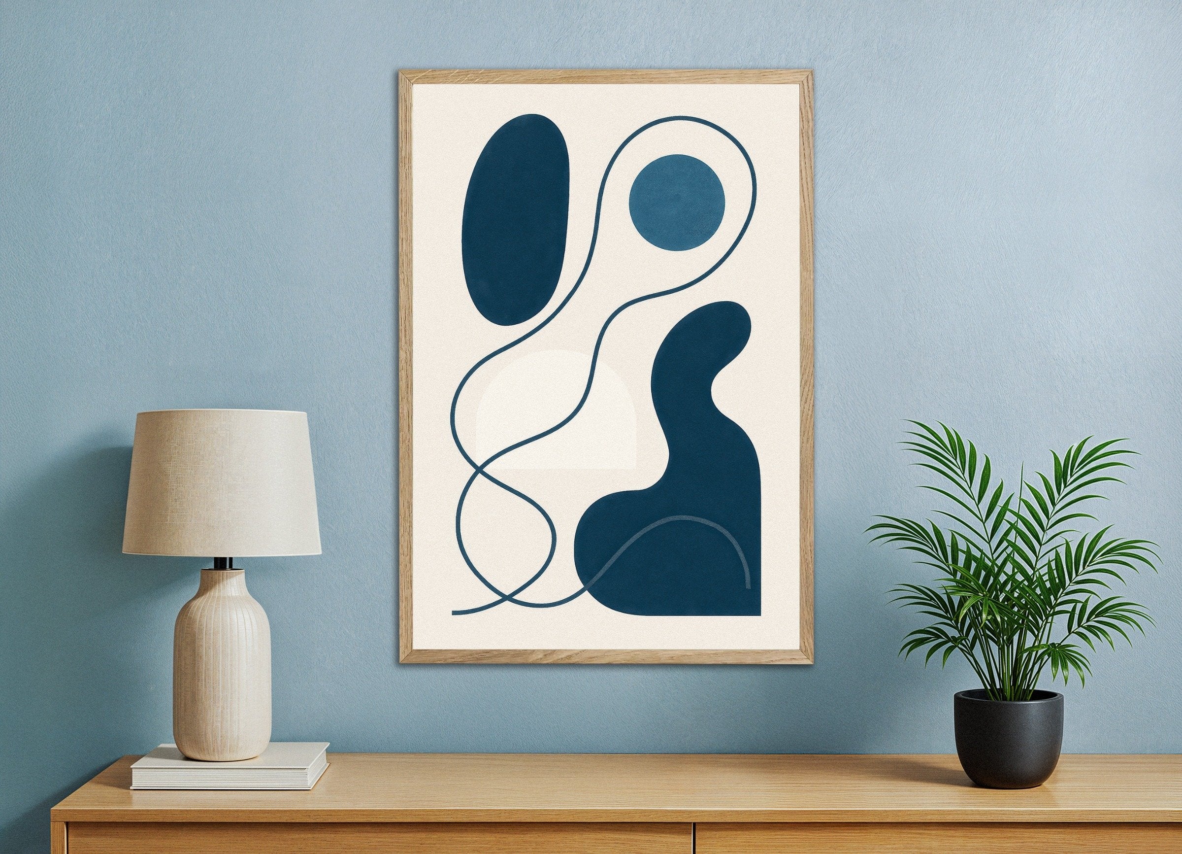 Poster of Inflections 01 – modern abstract line art in blue, with natural wooden frame