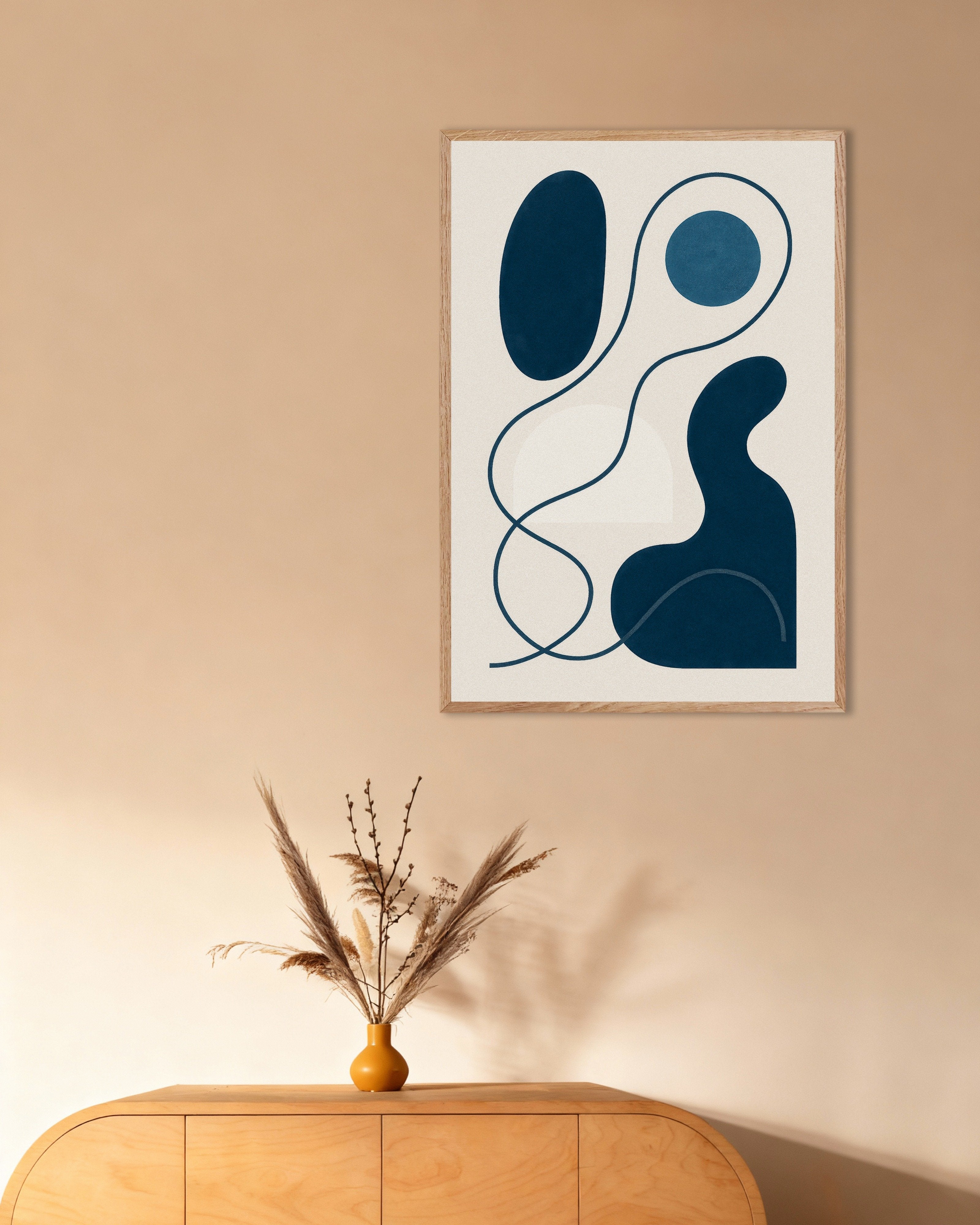 Poster of Inflections 01 – modern abstract line art in blue Poster, with natural wooden frame