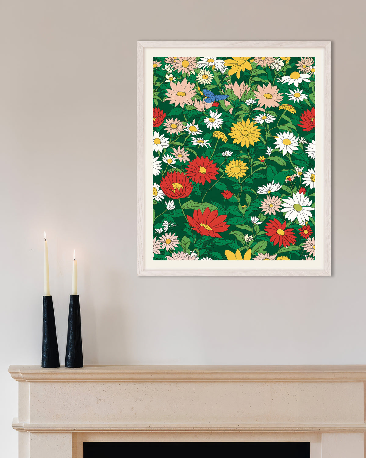 Poster mit japanischem Animationsstudio, Blumen, mit weißem Holzrahmen
