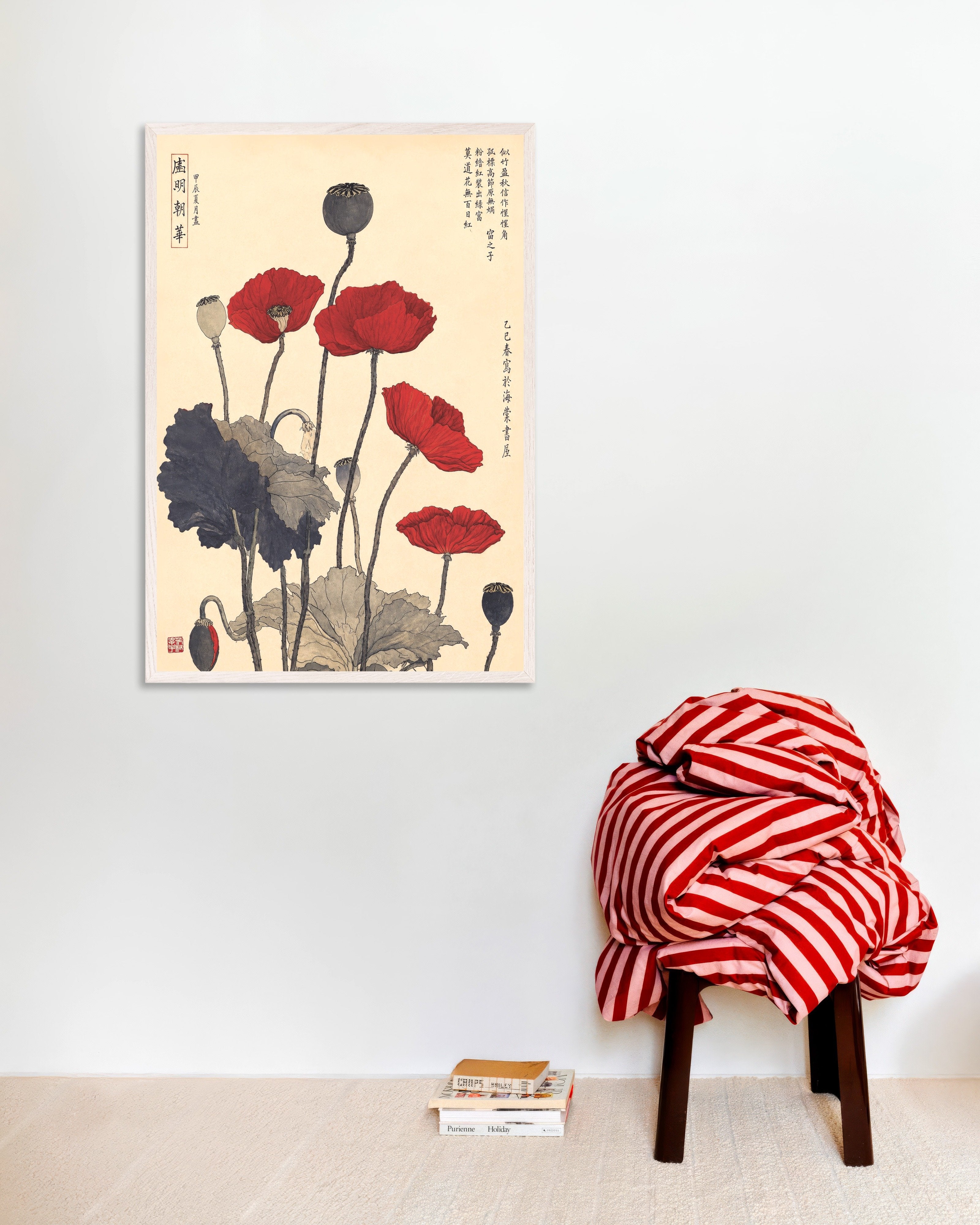 Poster of Japanese Ukiyo-e Red Poppies Botanical Poster, with white wooden frame