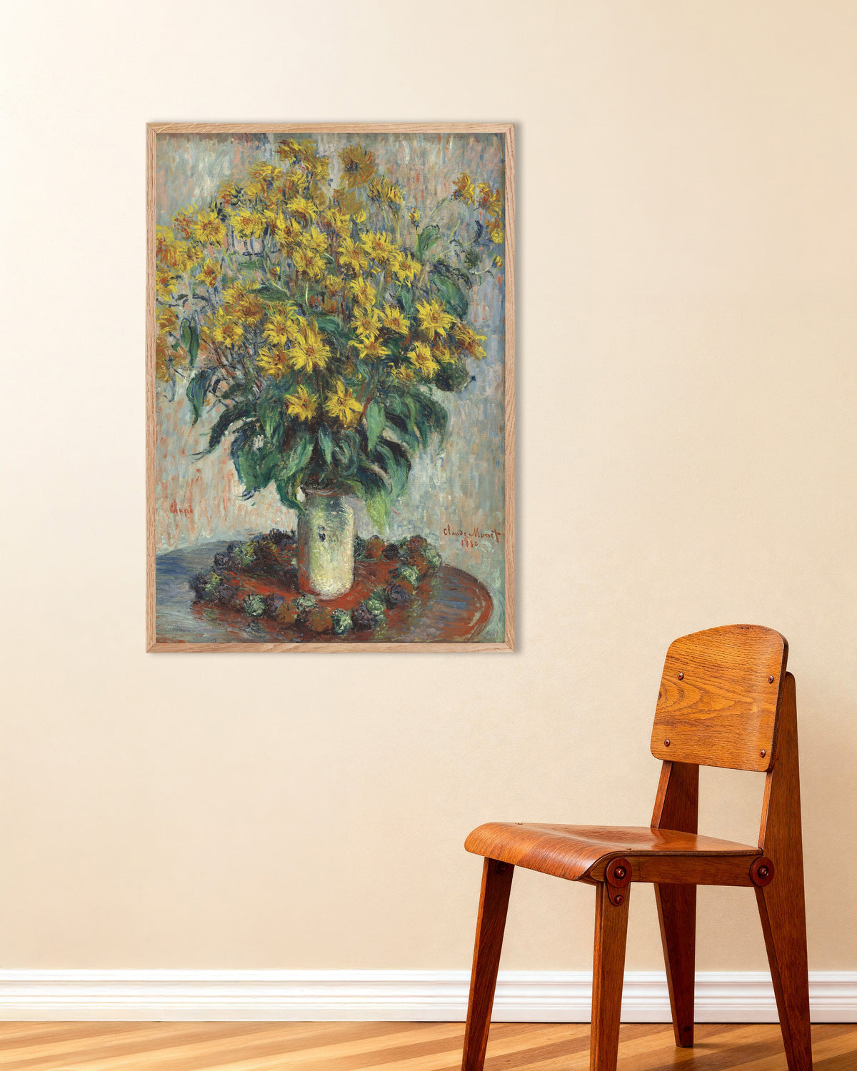 Poster Topinamburblüten (1880) von Claude Monet mit naturfarbenem Holzrahmen