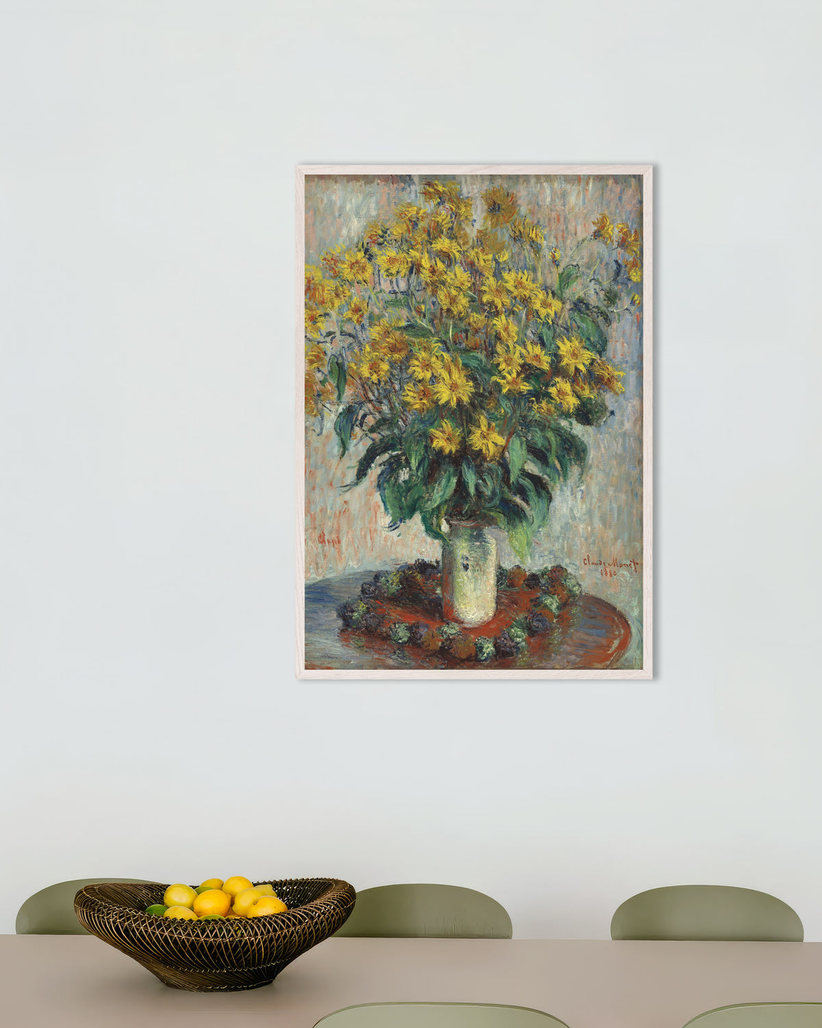 Poster Topinamburblüten (1880) von Claude Monet mit weißem Holzrahmen
