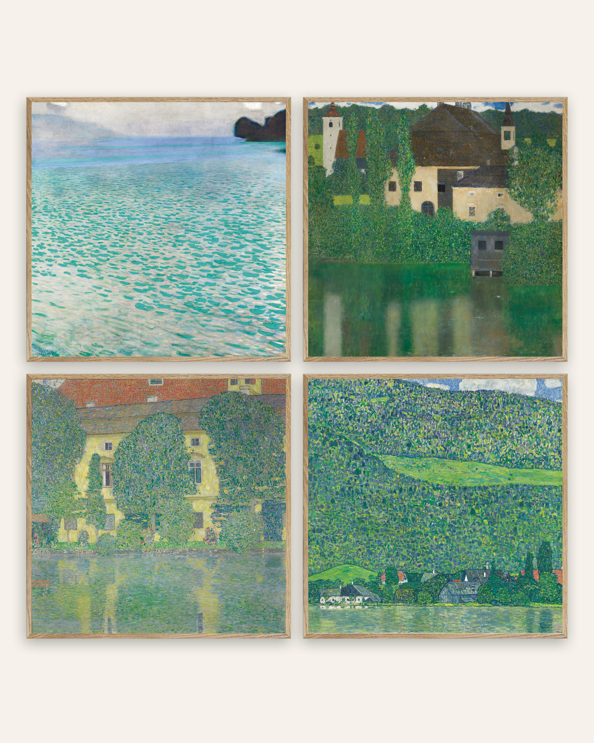 Klimt Poster 4er-Set: Attersee, Wasserschloss, Schloss Kammer und Litzlberg, in Rahmen aus Natureiche