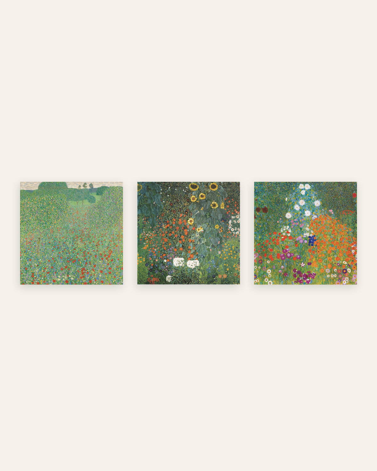 Klimt Poster 3er-Set: Mohnwiese, Bauerngarten mit Sonnenblumen und Bauerngarten, ohne Rahmen