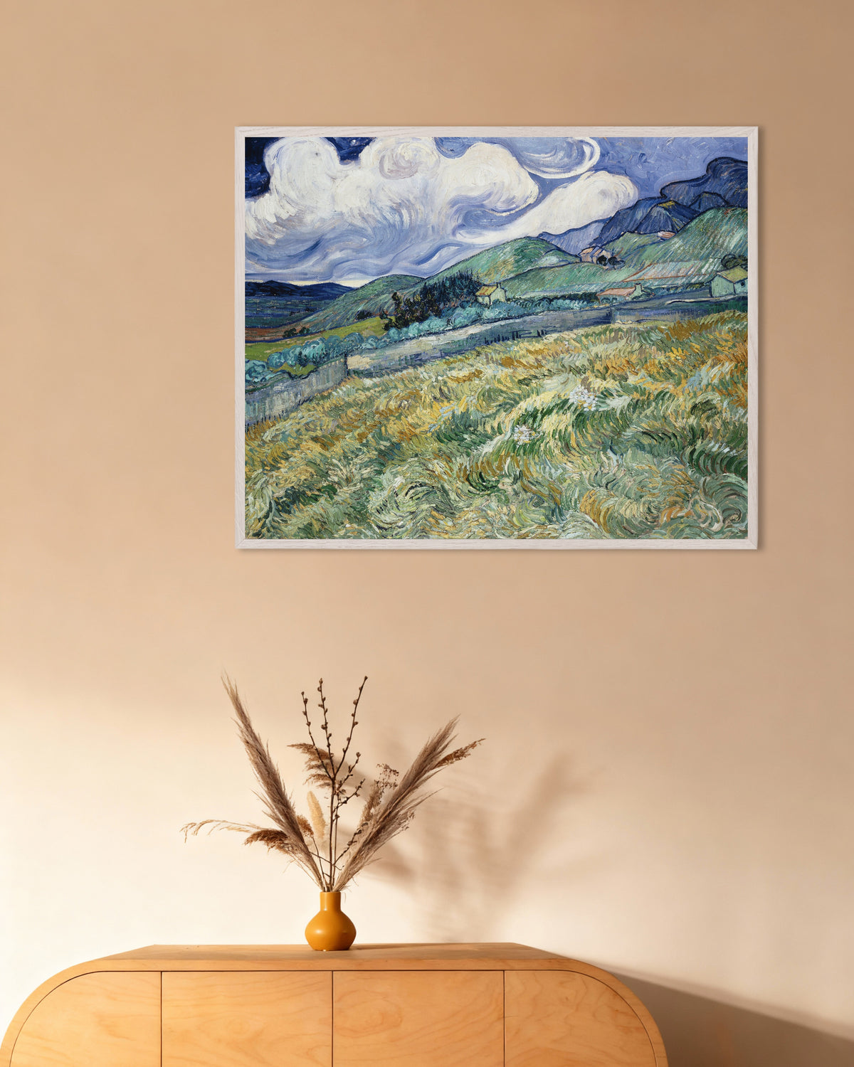 Poster von Landschaft bei Saint-Rémy (1889) von Vincent van Gogh, mit weißem Holzrahmen