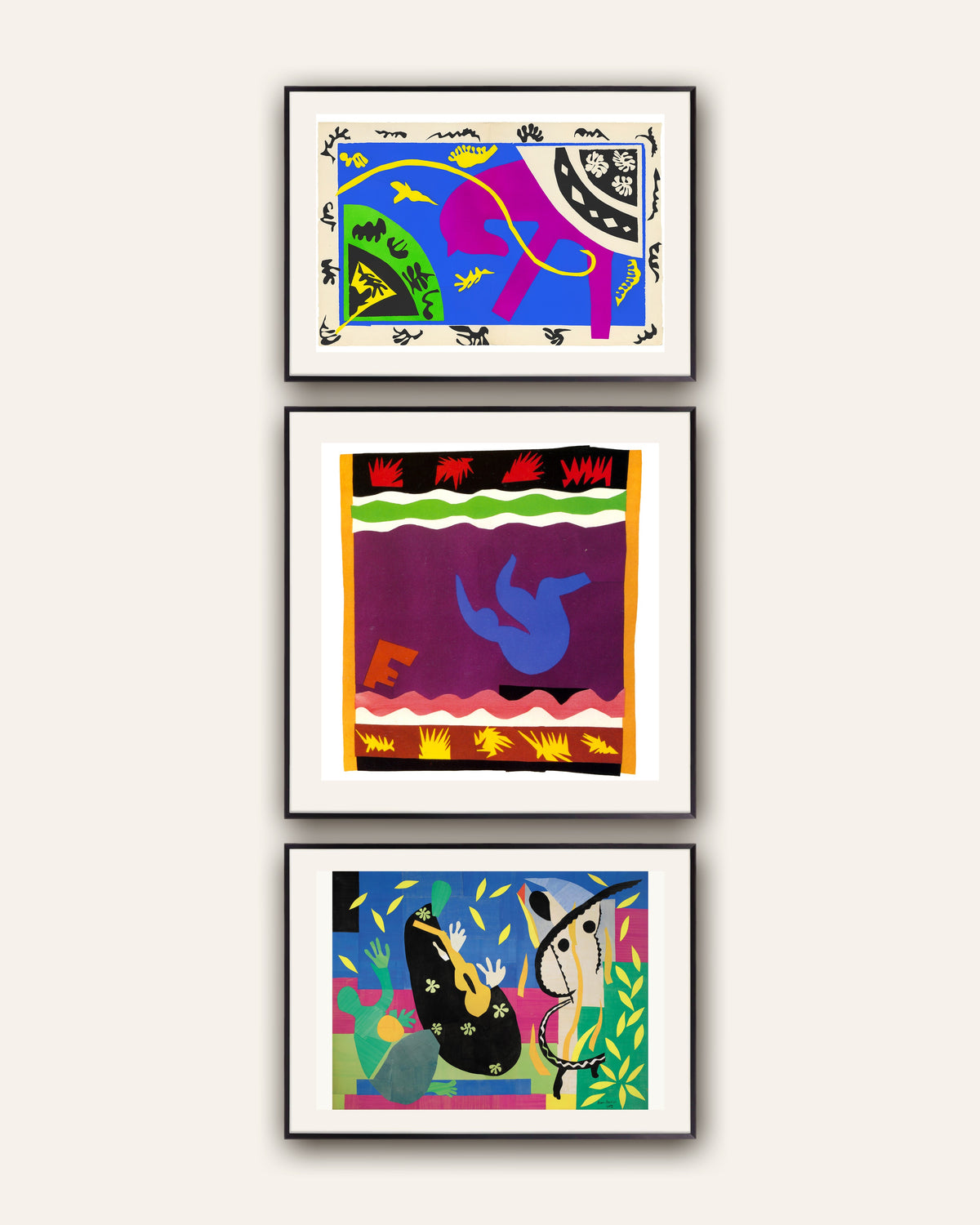 Matisse Poster 3er-Set: Pferd, Reiter und Clown, Die Rutsche, Die Trauer des Königs, in schwarzen Metallrahmen
