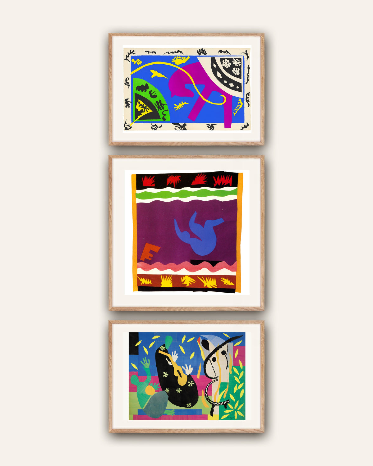 Matisse Poster 3er-Set: Pferd, Reiter und Clown, Die Rutsche, Die Trauer des Königs, in Rahmen aus Natureiche