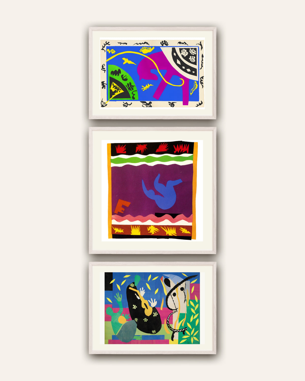 Matisse Poster 3er-Set: Pferd, Reiter und Clown, Die Rutsche, Die Trauer des Königs, in weißen Eichenrahmen
