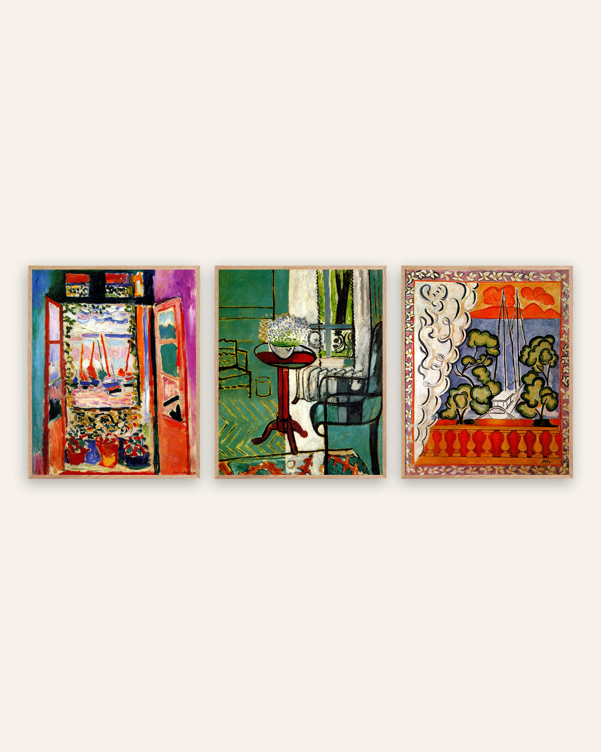 Matisse Poster 3er-Set: Fenster in Collioure, mit Vergissmeinnicht und auf Tahiti, in Rahmen aus Natureiche